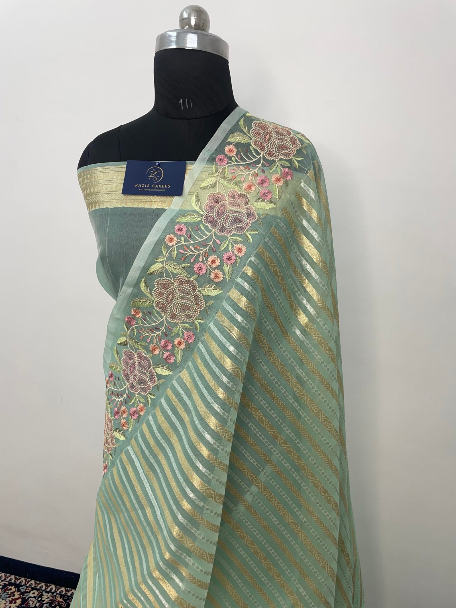 Rama Embroidery Organza Silk Saree - Image 2