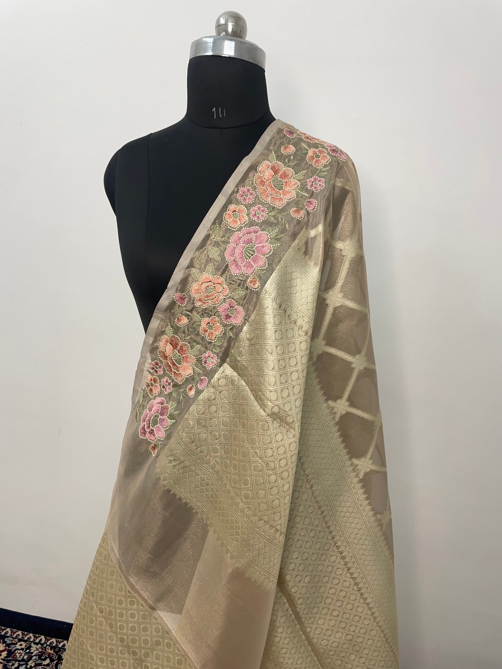 Golden Embroidery Tissue Silk Saree - Image 3