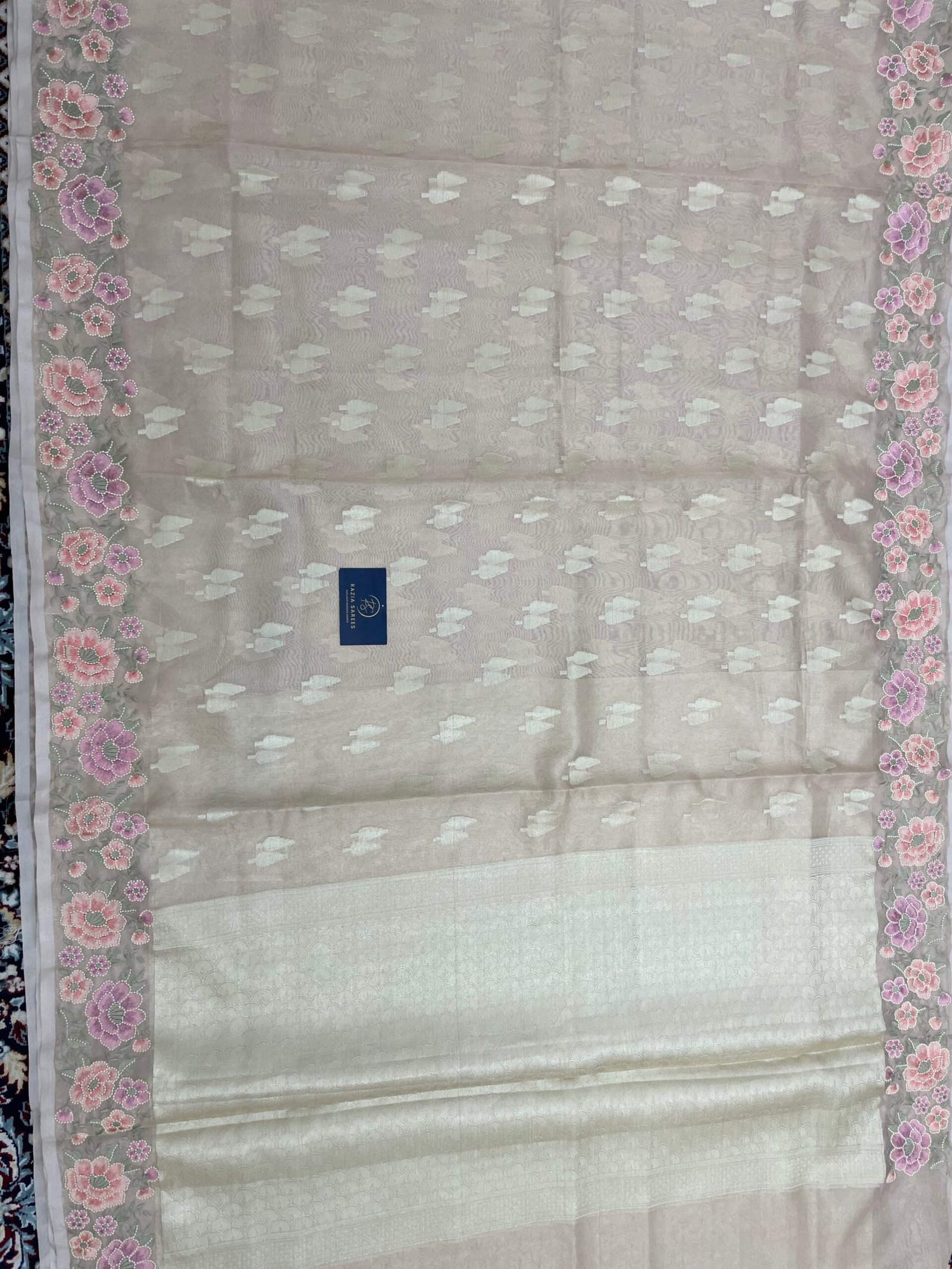 Golden Embroidery Tissue Silk Saree - Image 4