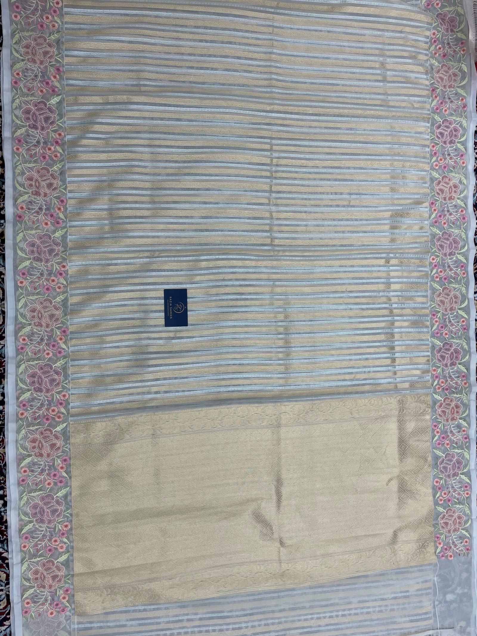 Cream Embroidery Organza Silk Saree - Image 4