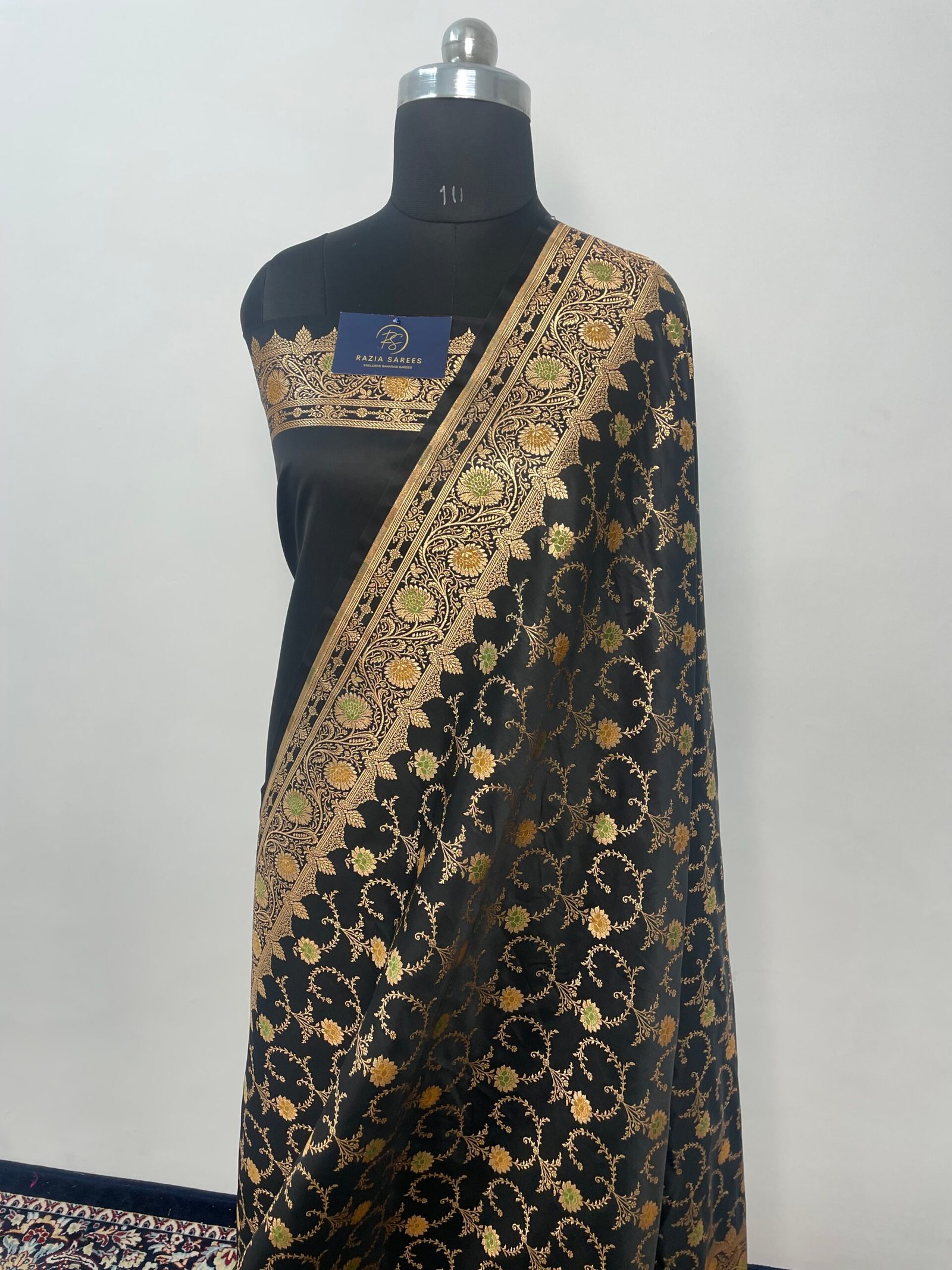 B. Black Meena Jaal Satin Katan Silk Saree - Image 2