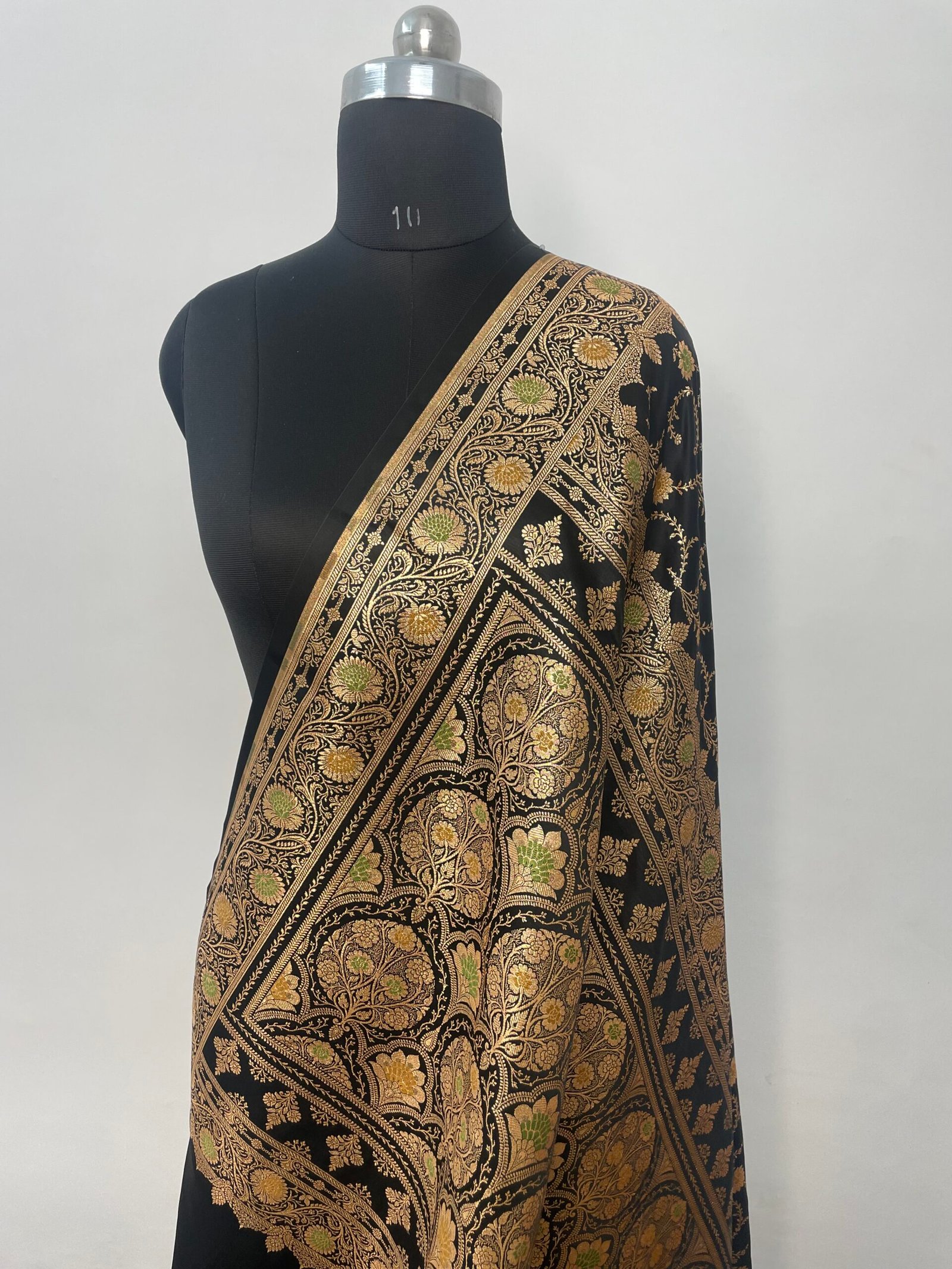 B. Black Meena Jaal Satin Katan Silk Saree - Image 3