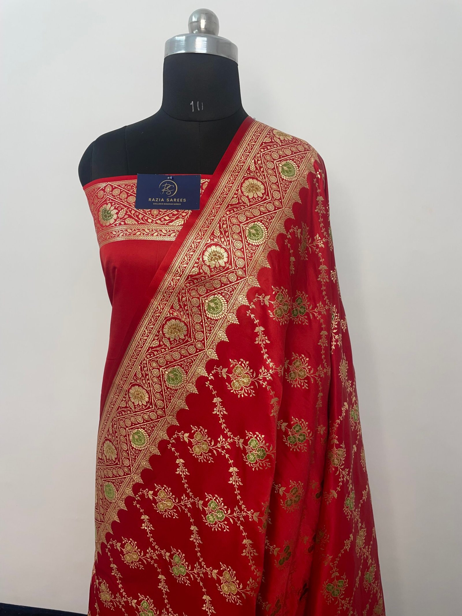 Red Meena Jaal Satin Katan Silk Saree - Image 2