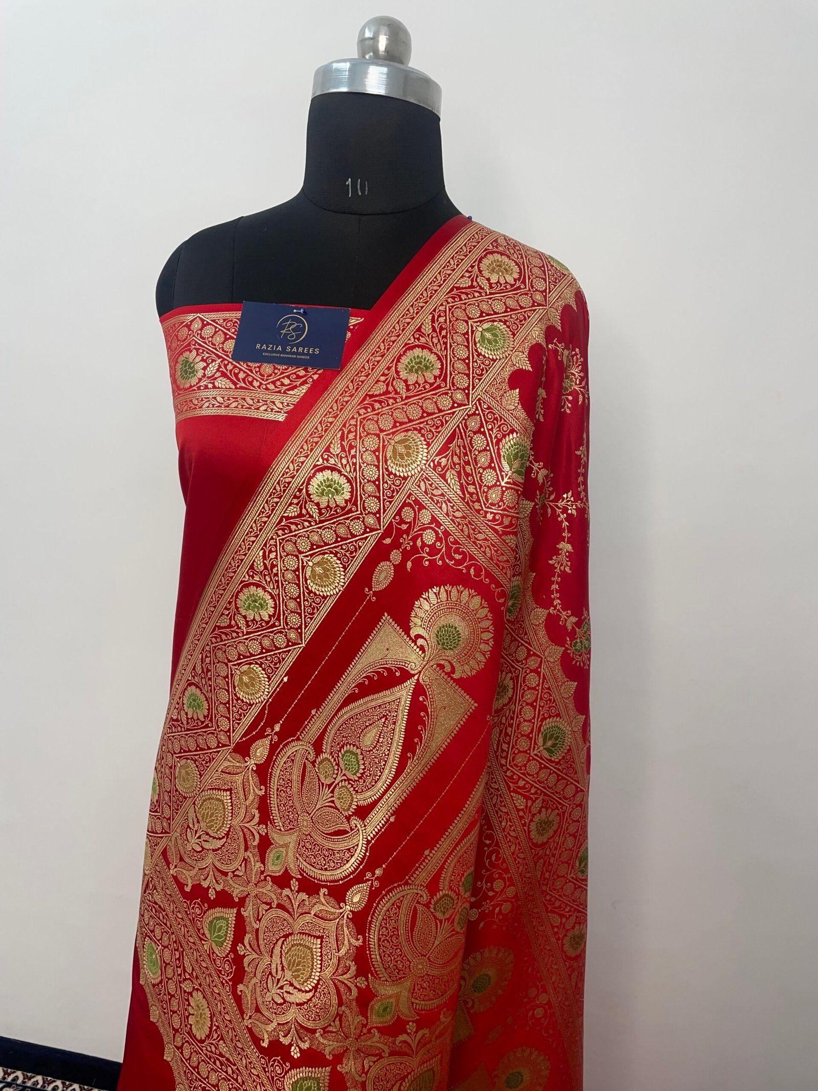 Red Meena Jaal Satin Katan Silk Saree - Image 3