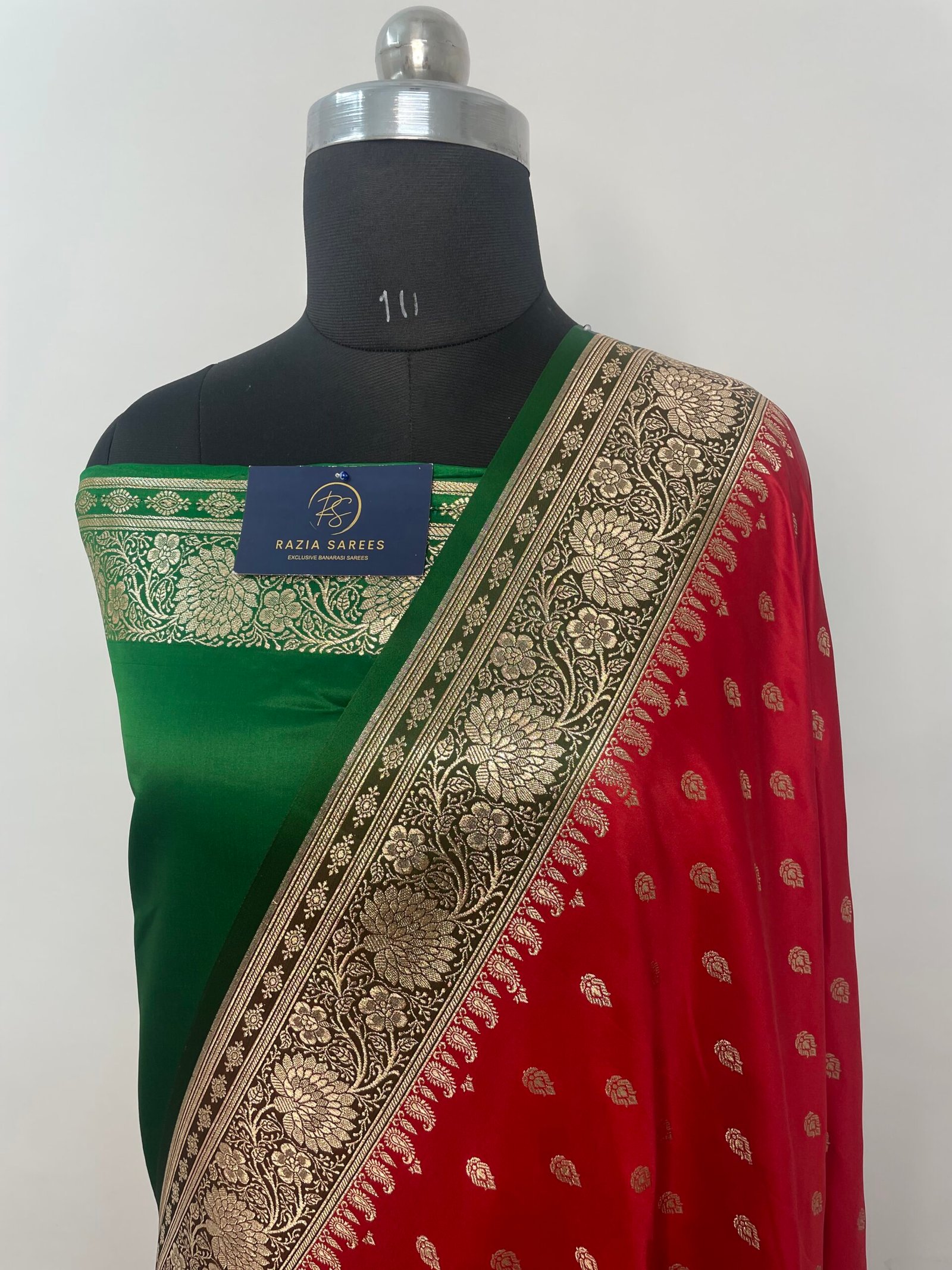 Red and Green Contrast Booti Satin Katan Silk Saree