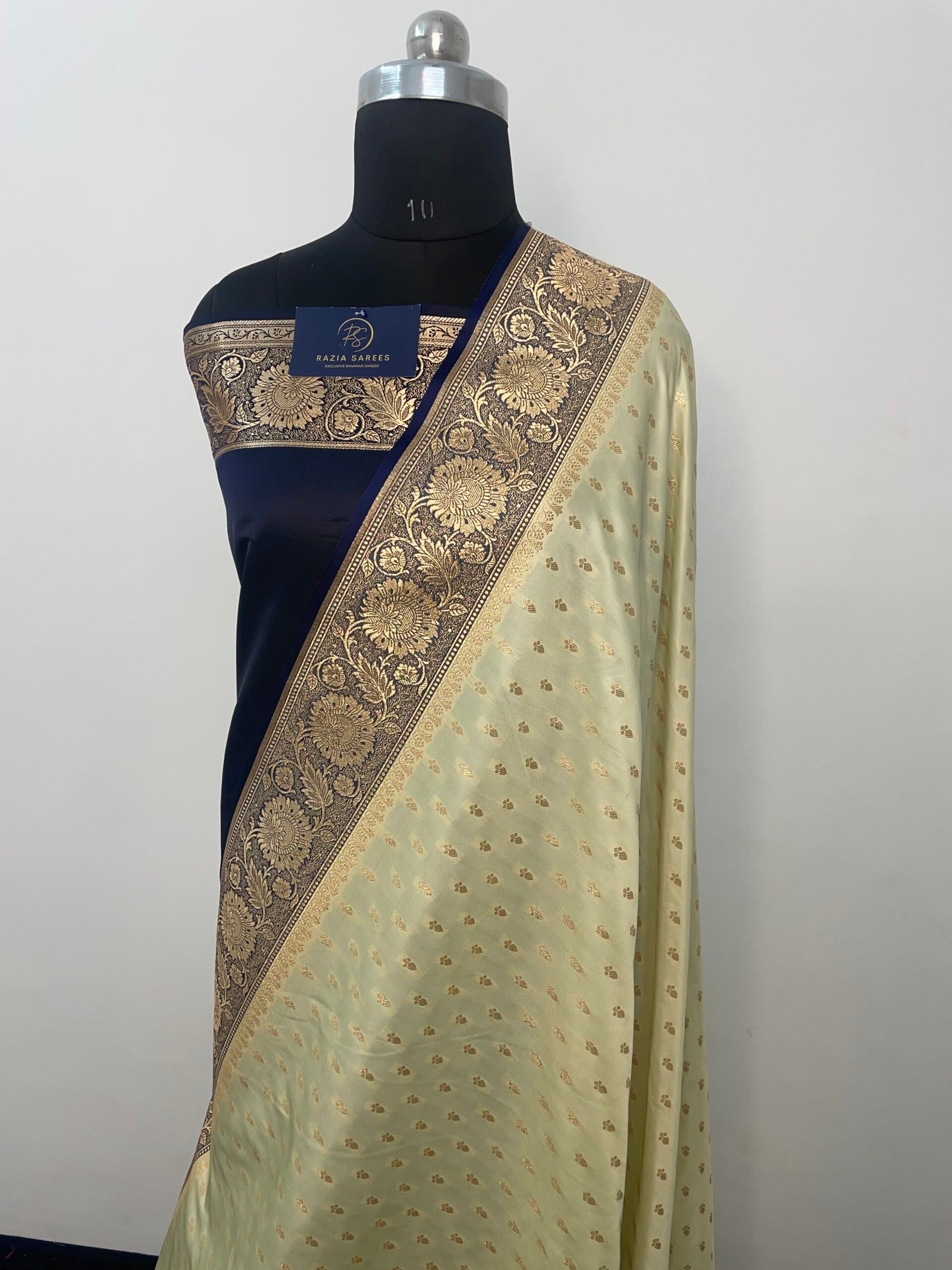 Cream and Navy Blue Contrast Booti Satin Katan Silk Saree - Image 2