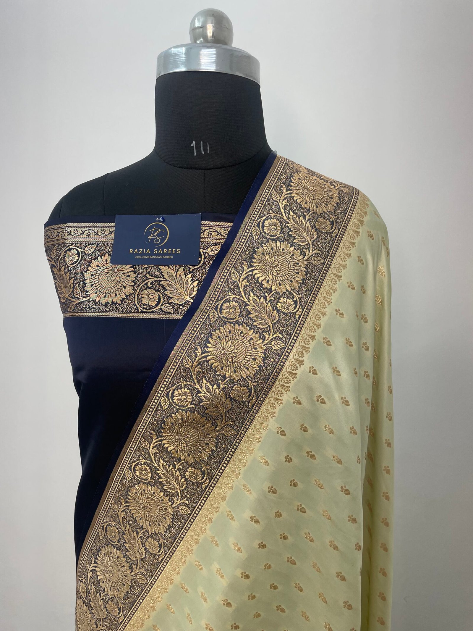 Cream and Navy Blue Contrast Booti Satin Katan Silk Saree