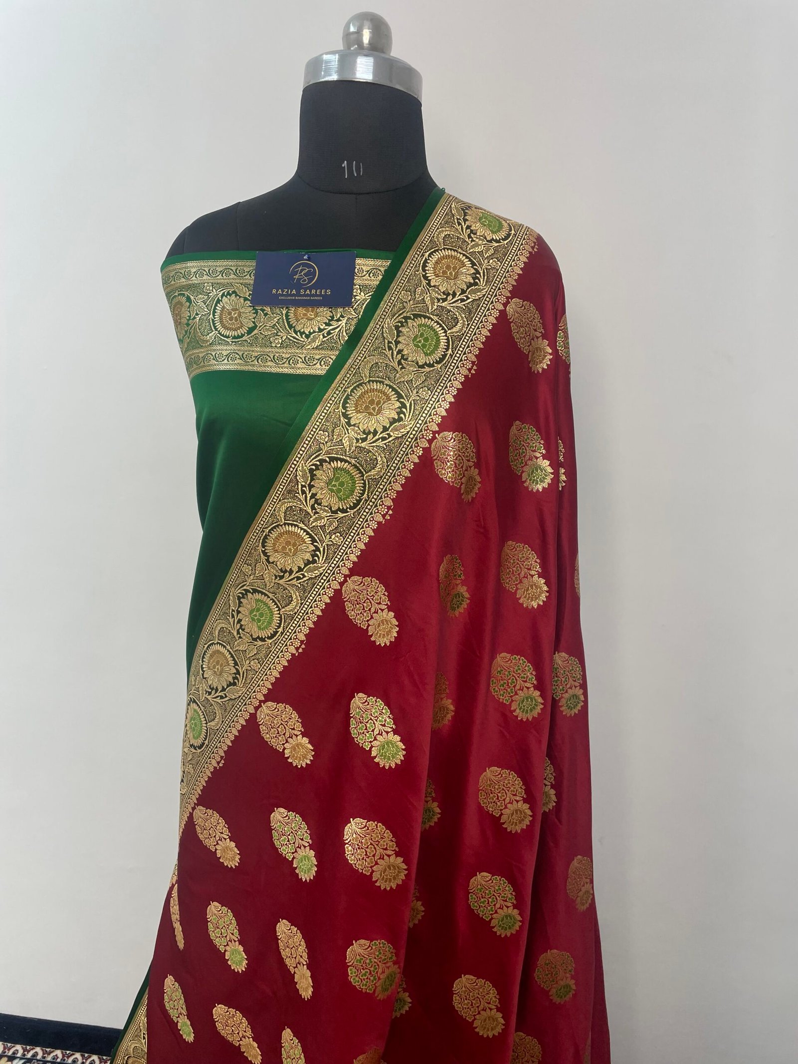Red and Green Meena Contrast Boota Satin Katan Silk Saree - Image 2