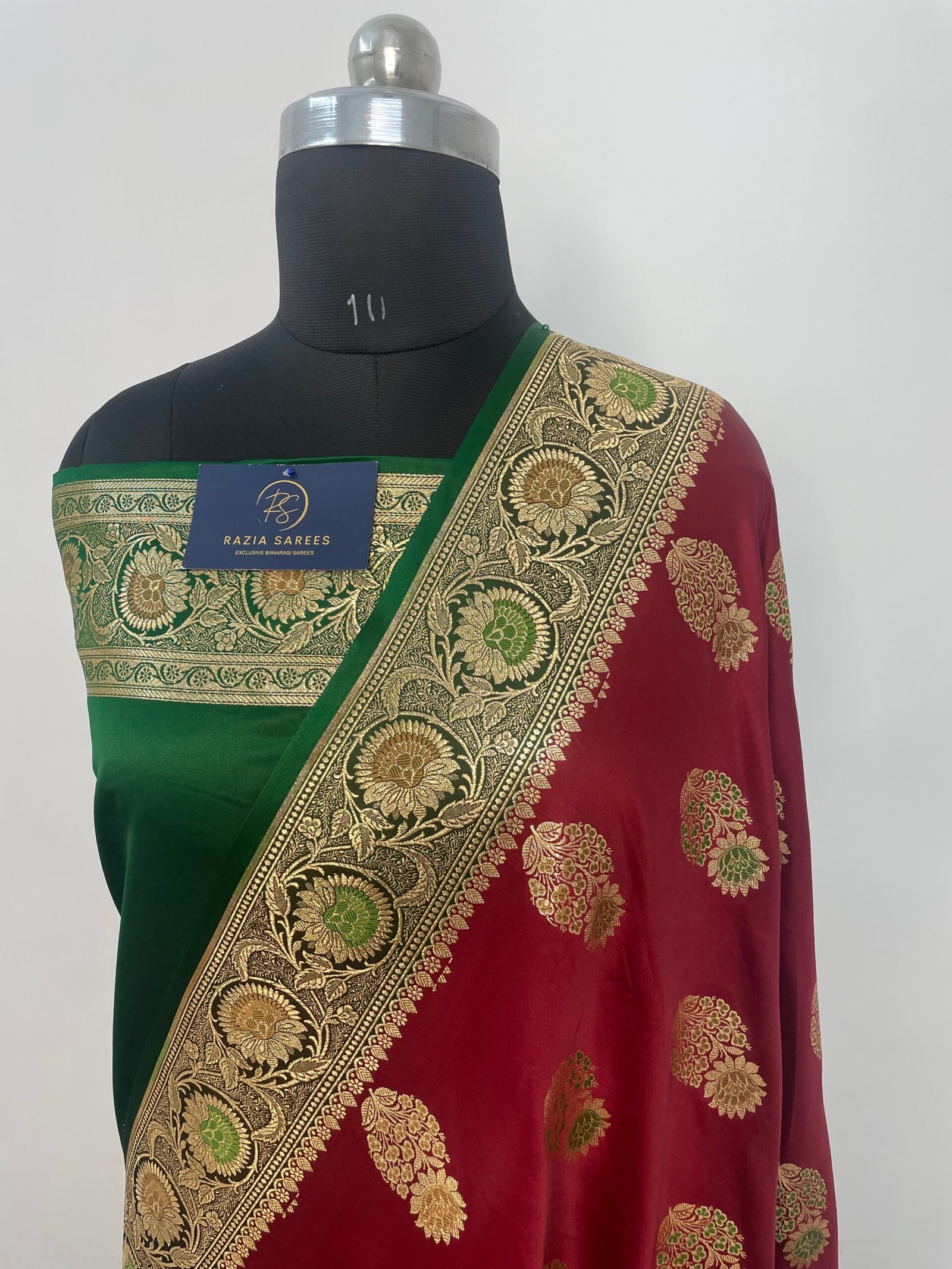 Red and Green Meena Contrast Boota Satin Katan Silk Saree