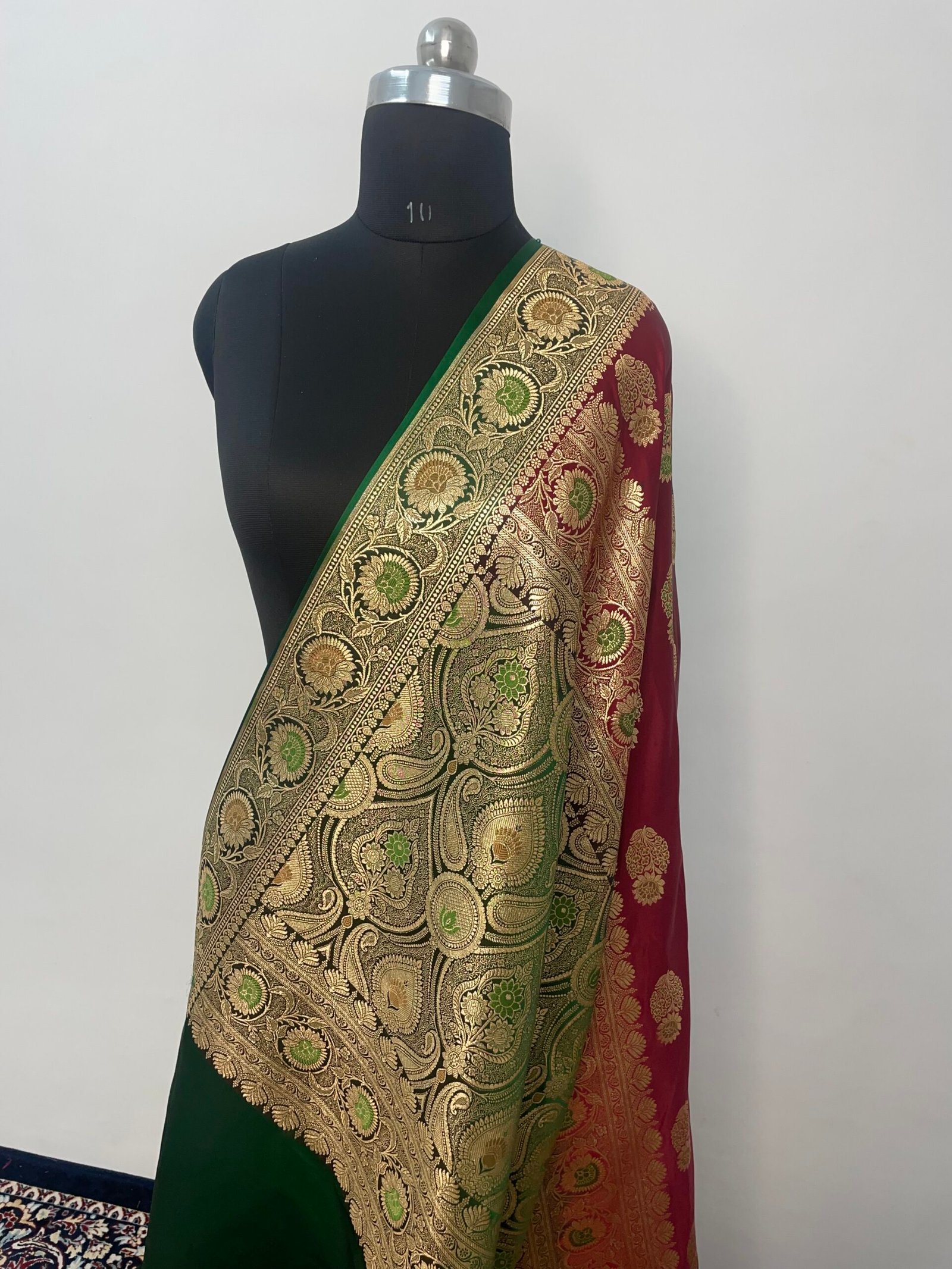 Red and Green Meena Contrast Boota Satin Katan Silk Saree - Image 3