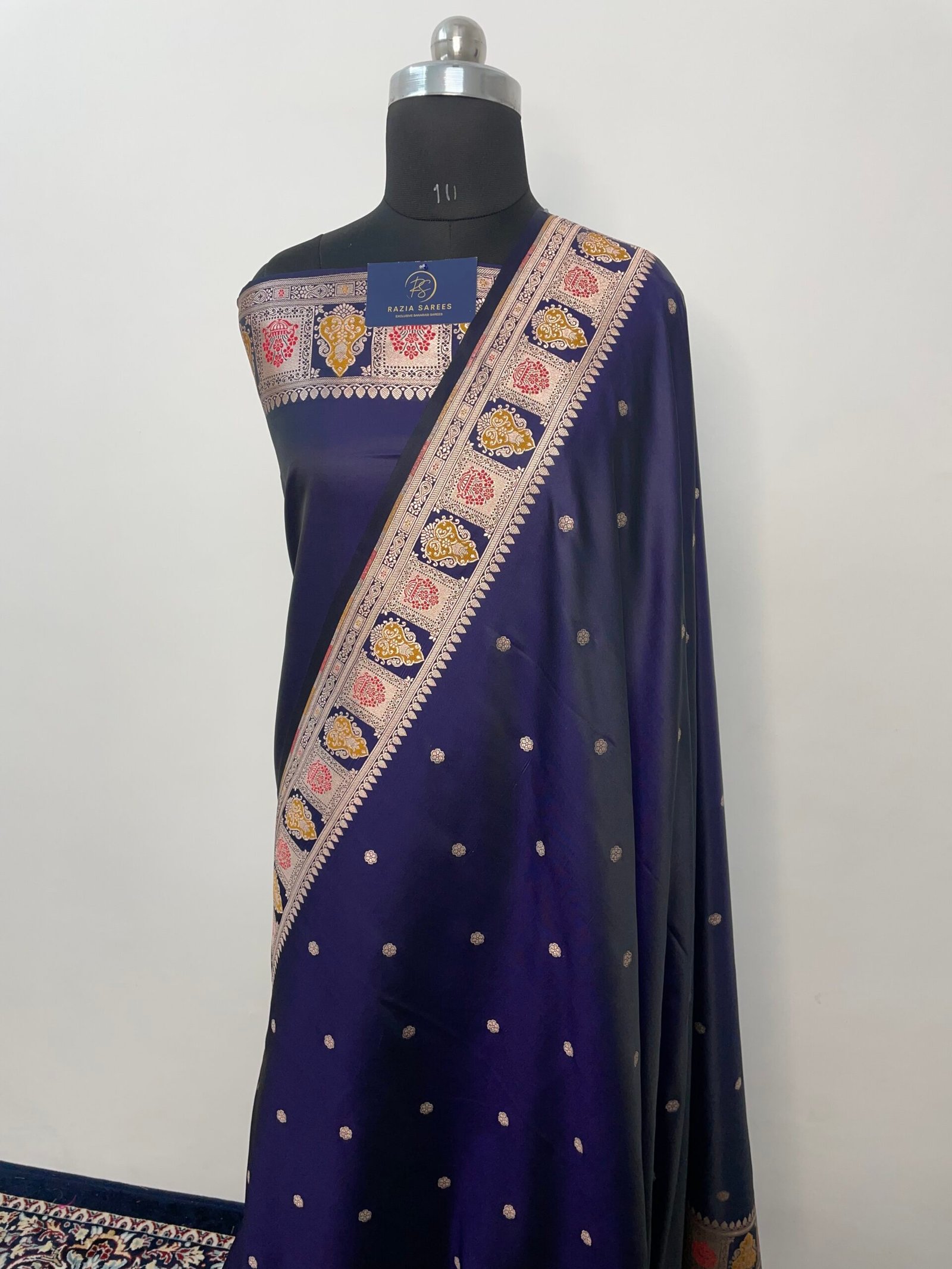 B. Navy Blue Booti Meena Mashru Katan Silk Saree - Image 2