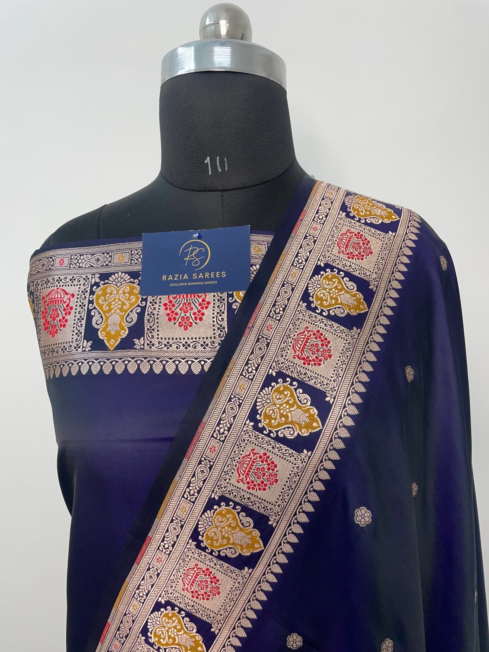 B. Navy Blue Booti Meena Mashru Katan Silk Saree