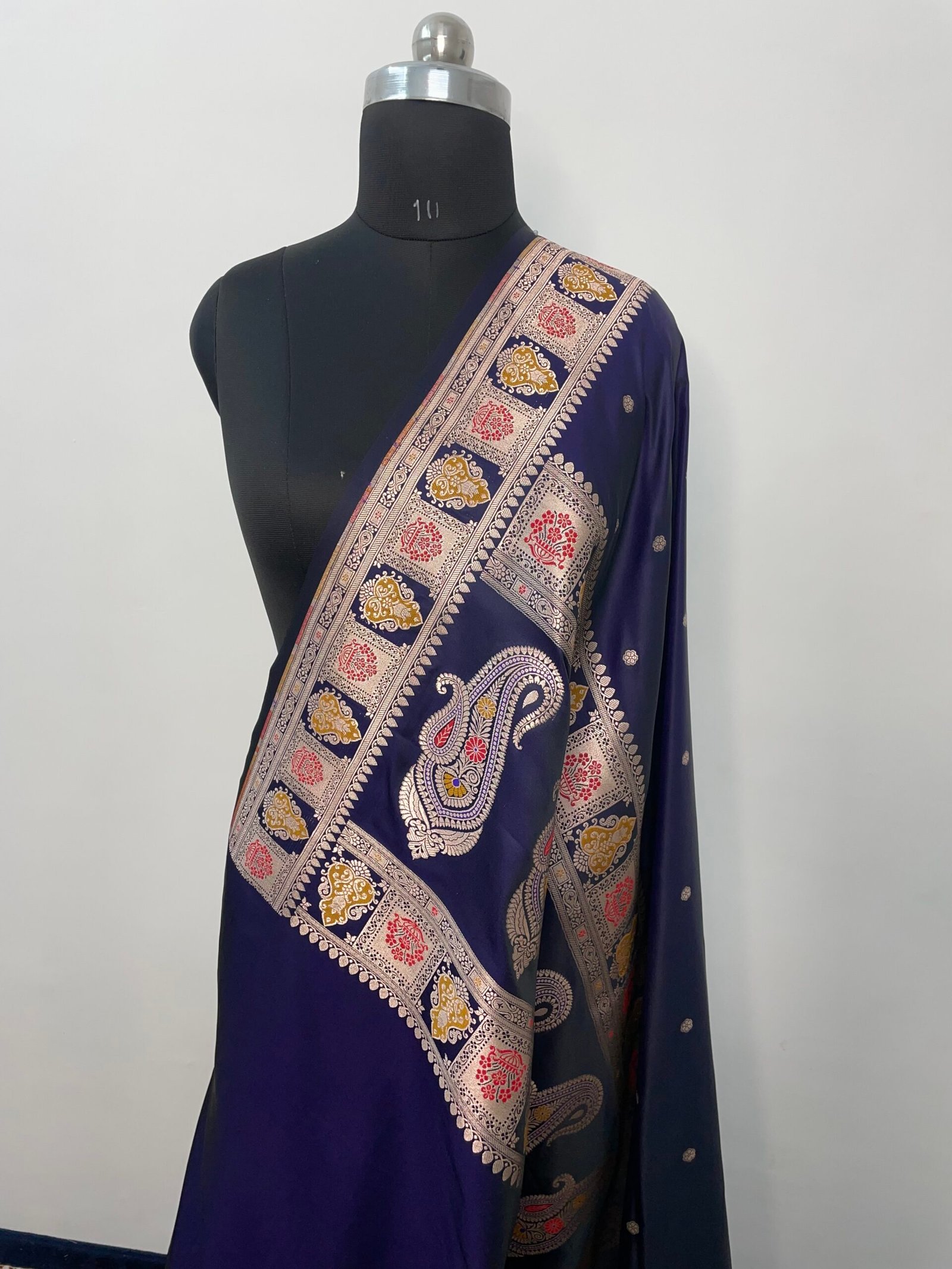 B. Navy Blue Booti Meena Mashru Katan Silk Saree - Image 3
