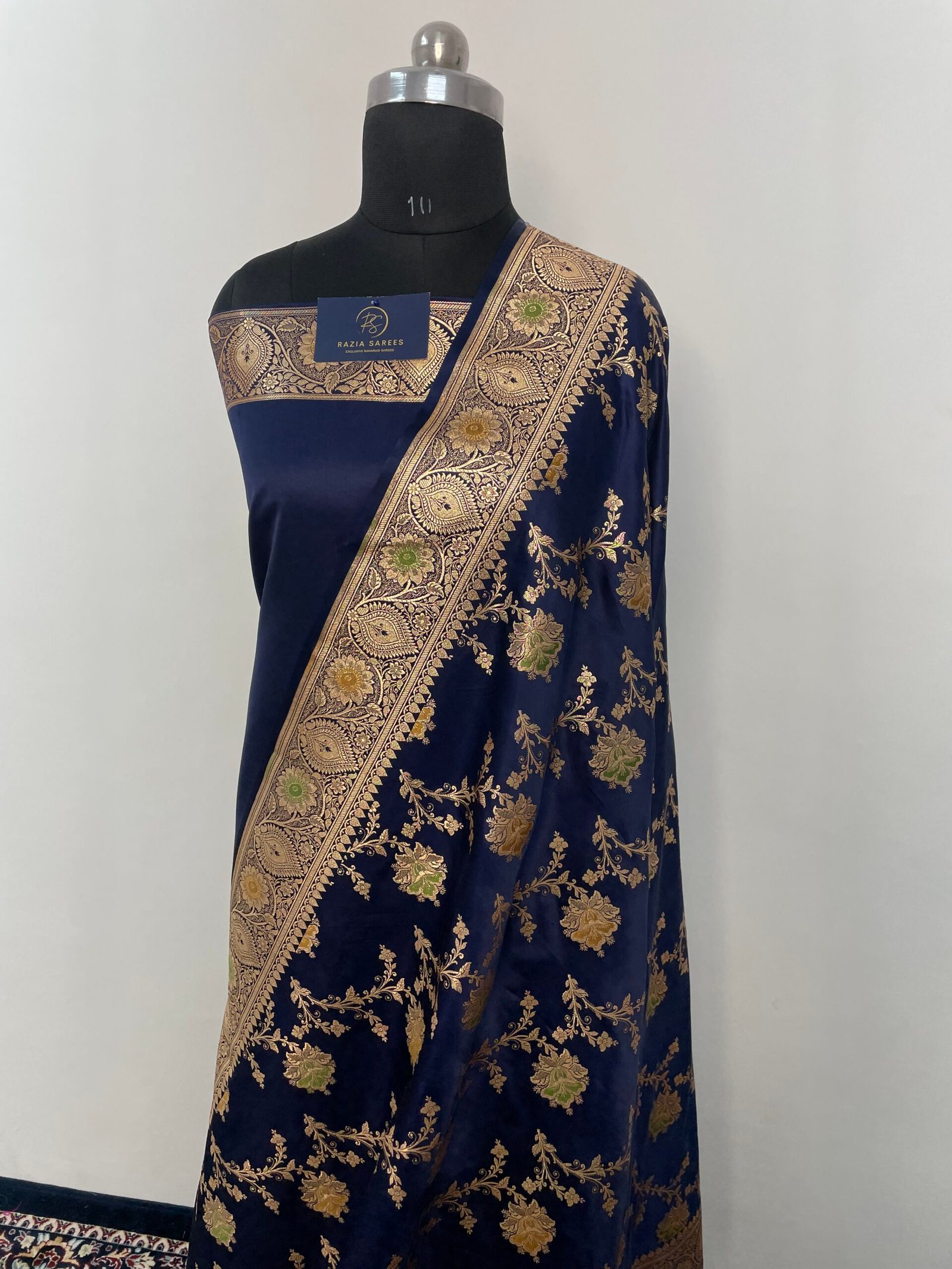 Navy Blue Meena Jaal Satin Katan Silk Saree - Image 2