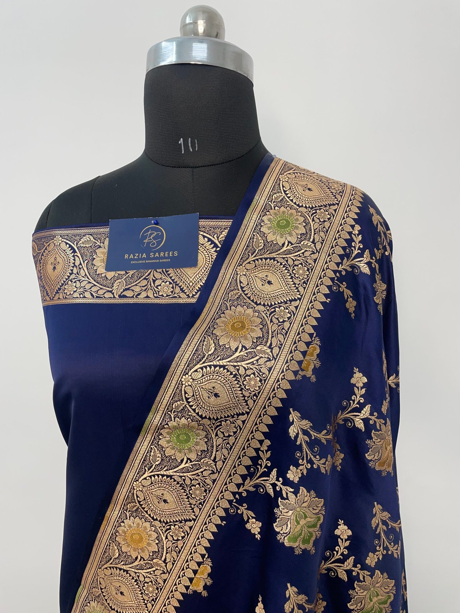Navy Blue Meena Jaal Satin Katan Silk Saree