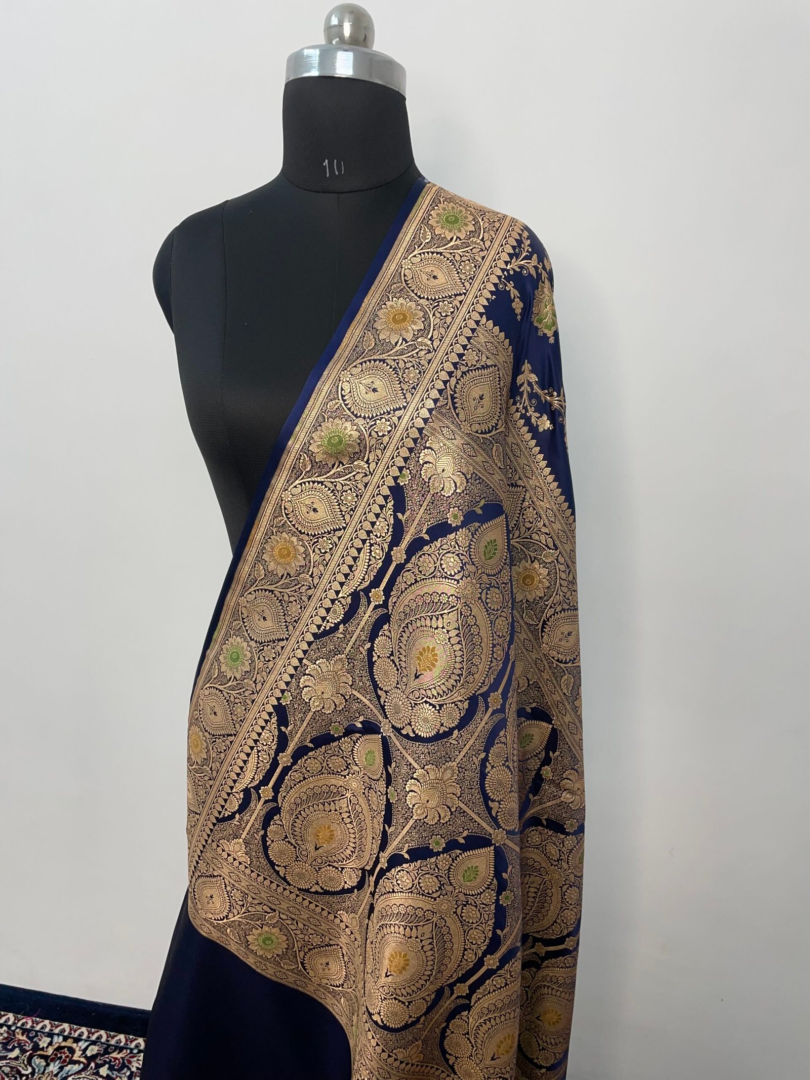 Navy Blue Meena Jaal Satin Katan Silk Saree - Image 3