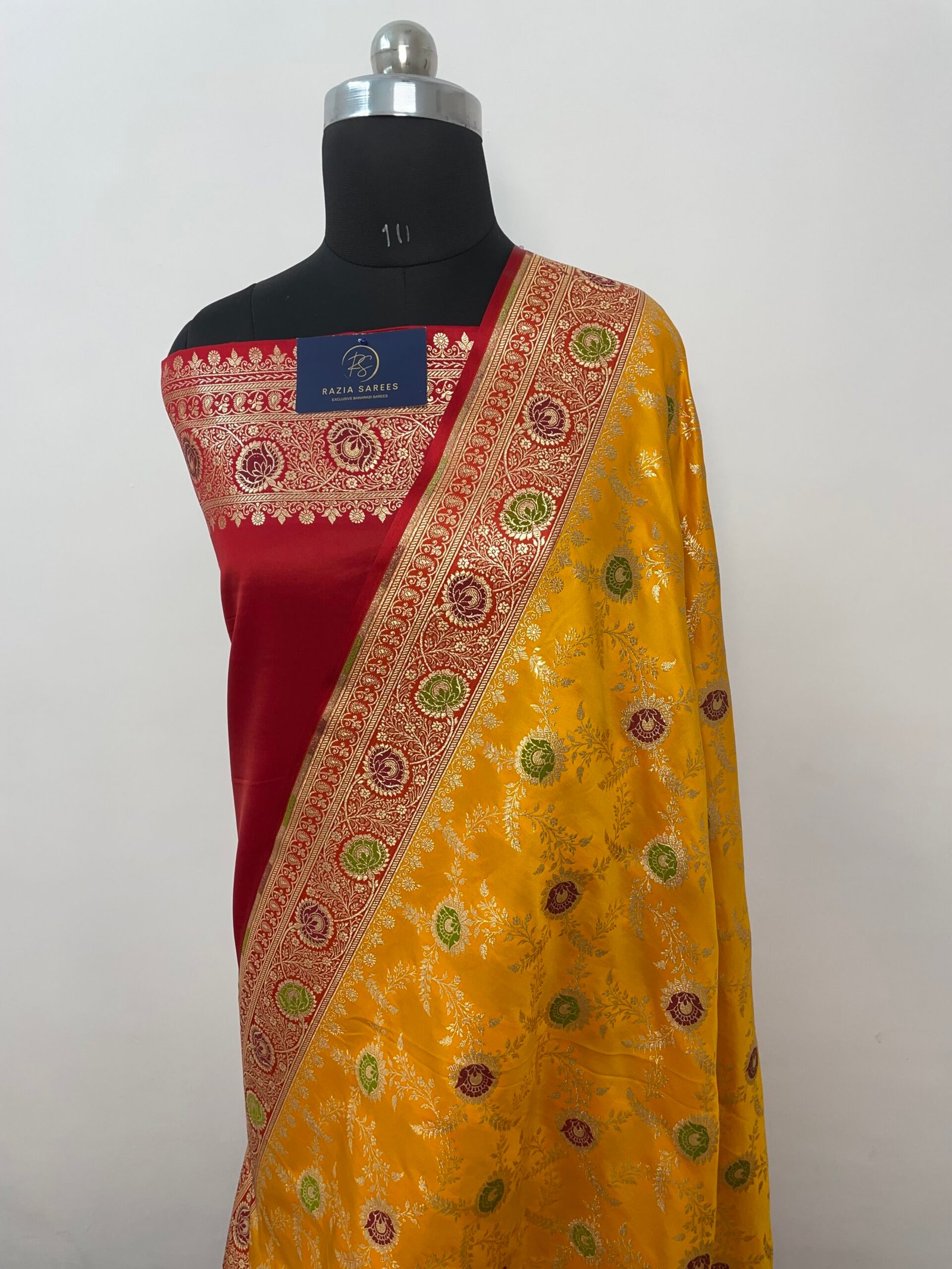 Yellow Red Contrast Meenakari Jaal Satin Katan Silk Saree - Image 2