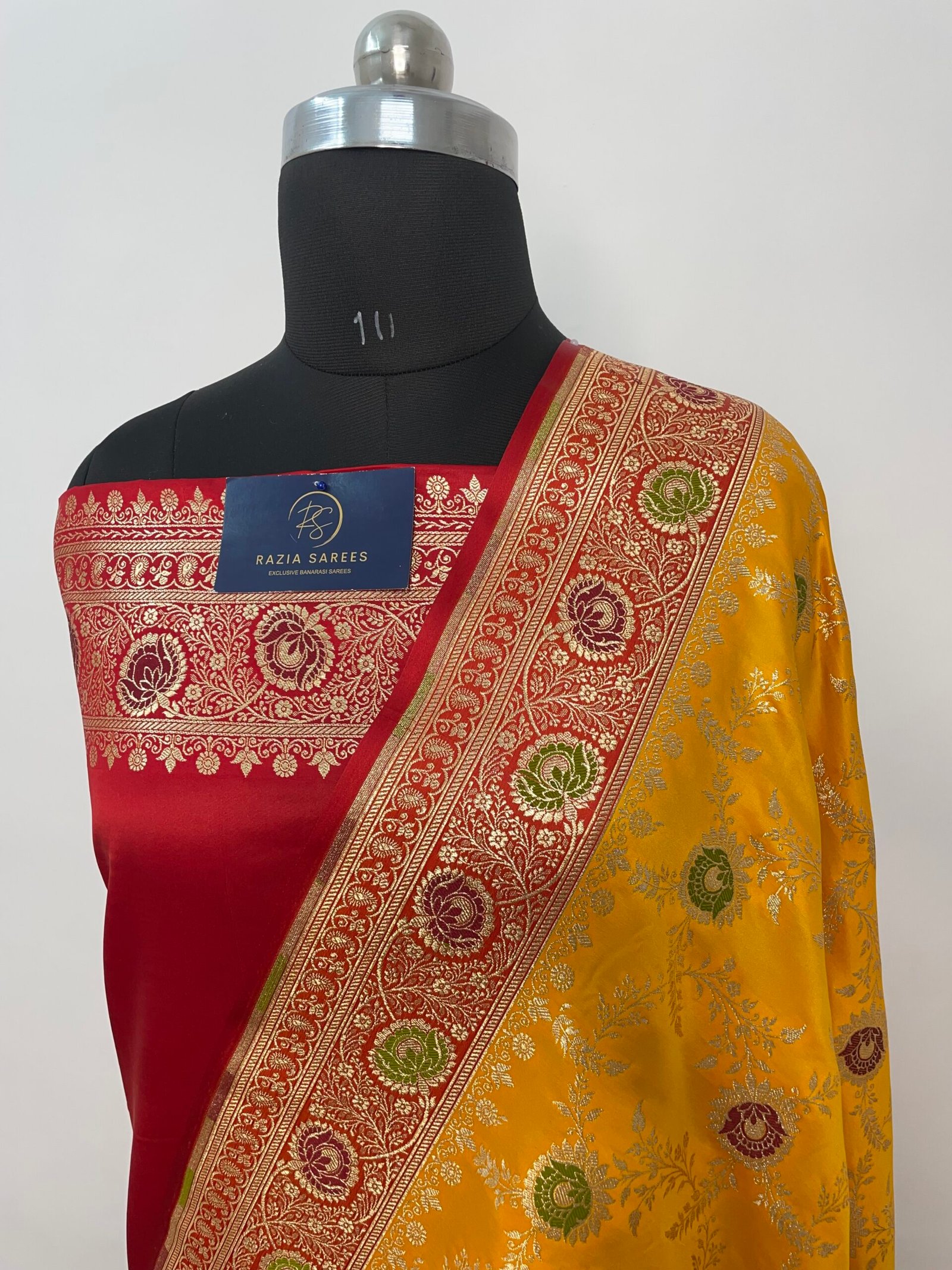 Yellow Red Contrast Meenakari Jaal Satin Katan Silk Saree
