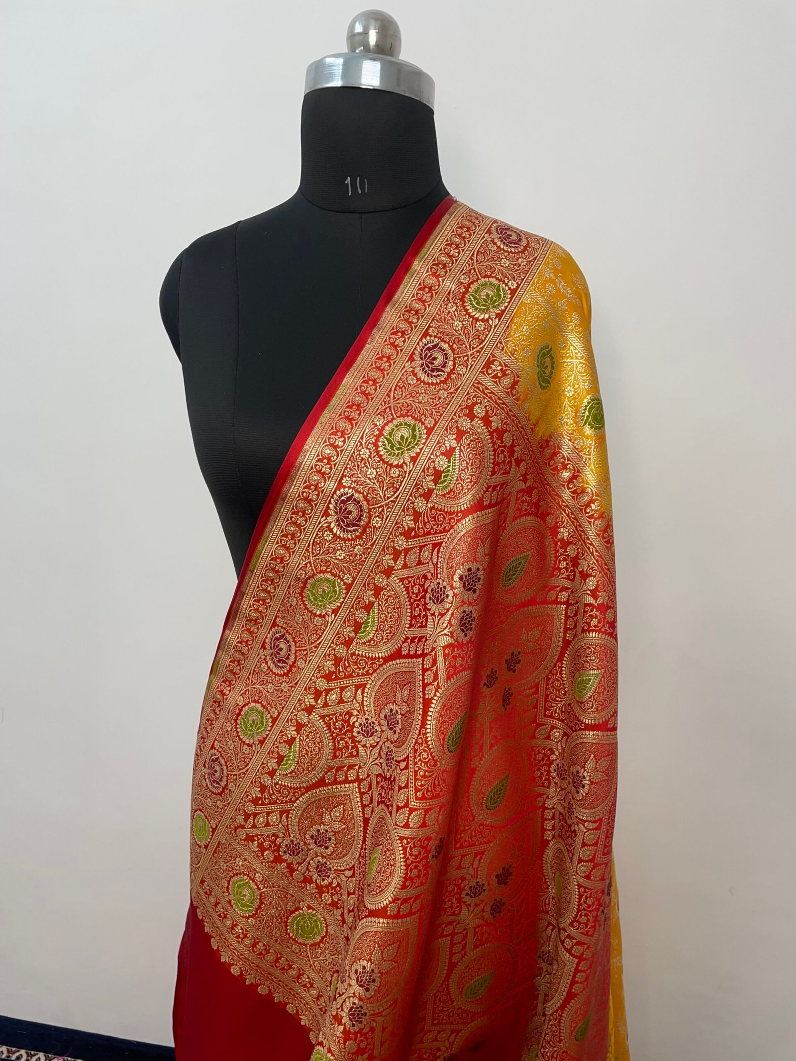 Yellow Red Contrast Meenakari Jaal Satin Katan Silk Saree - Image 3