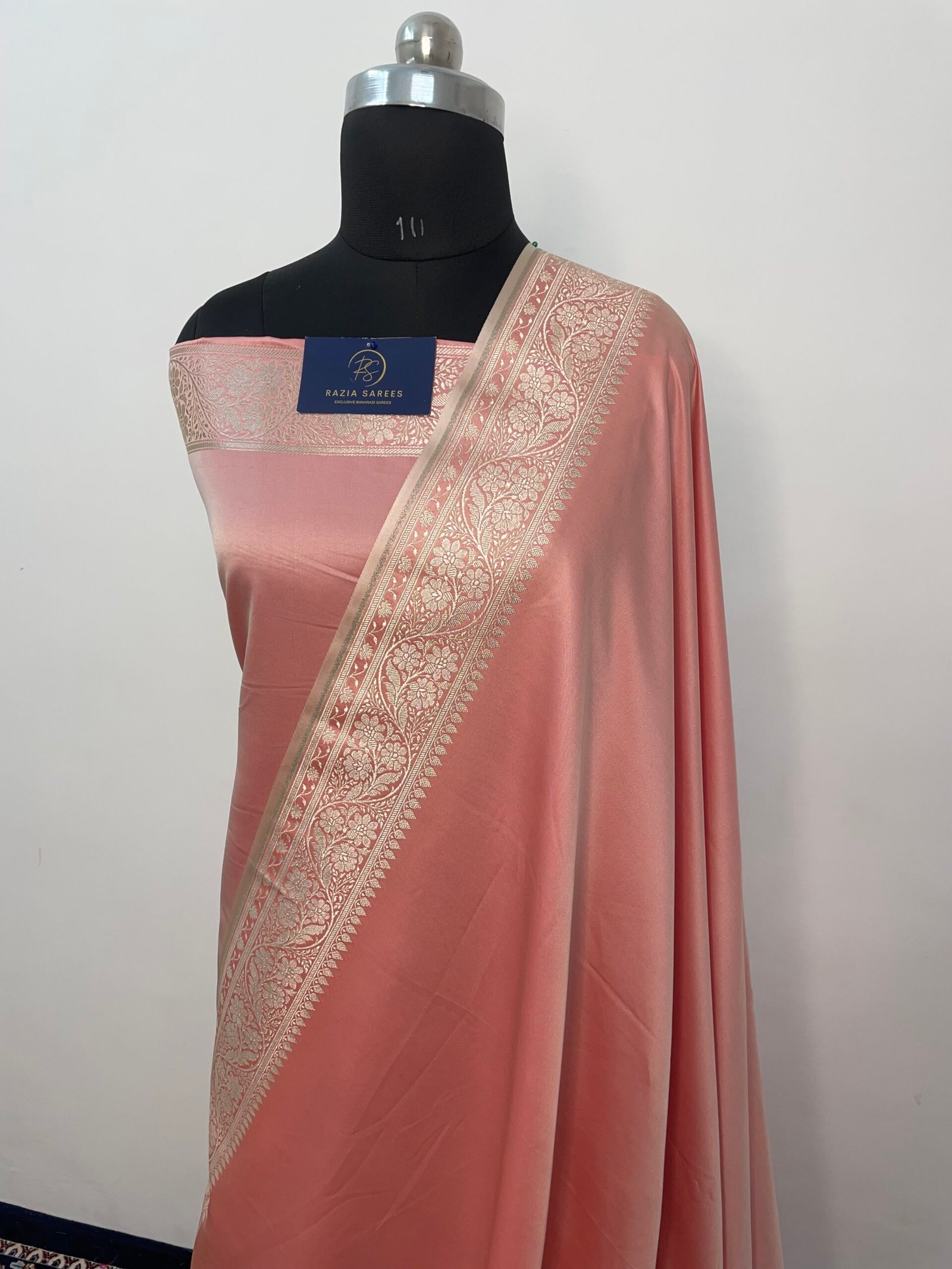 A2. Baby Peach Plain Mashru Katan Silk Saree - Image 2