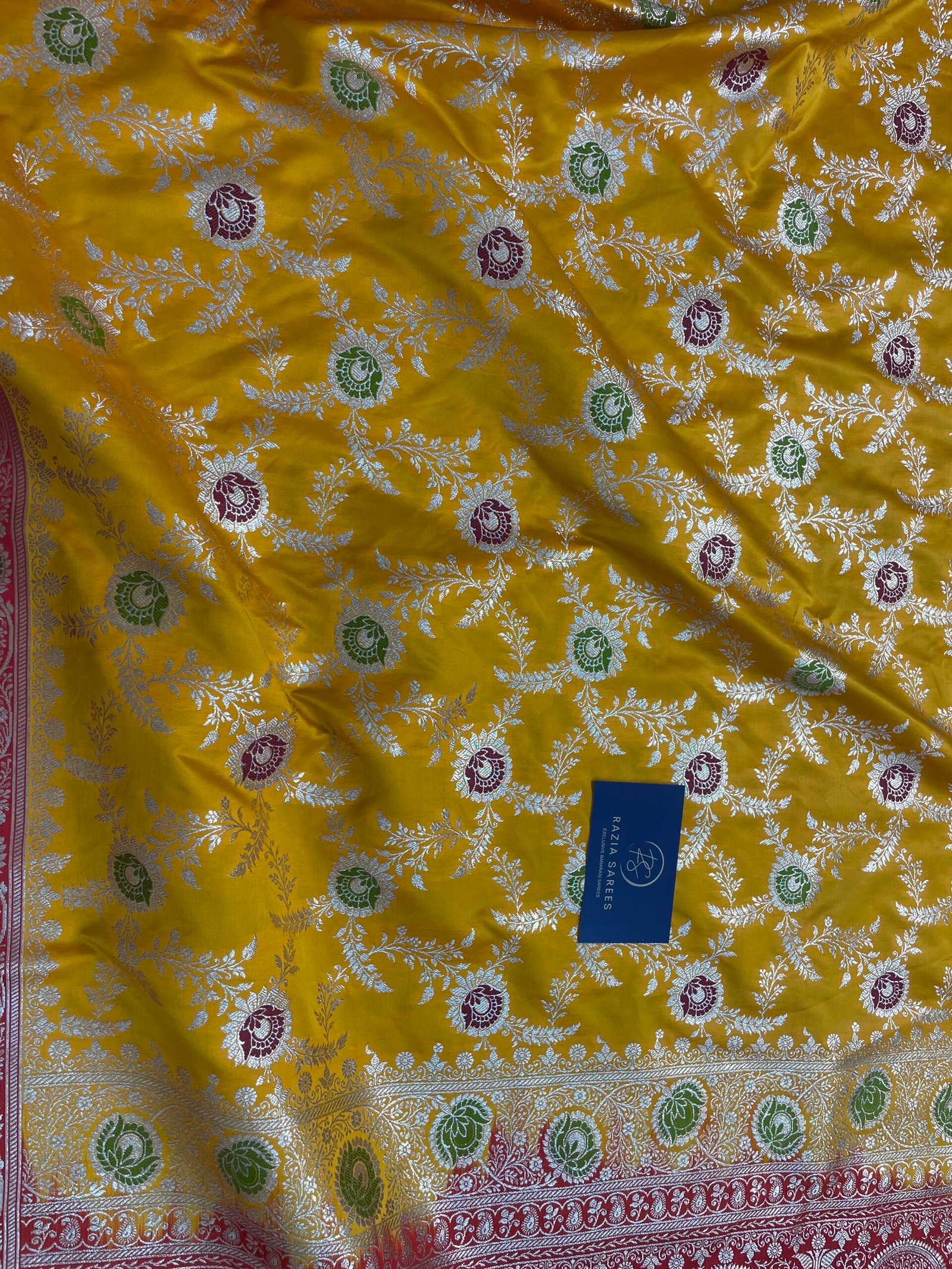 Yellow Red Contrast Meenakari Jaal Satin Katan Silk Saree - Image 4