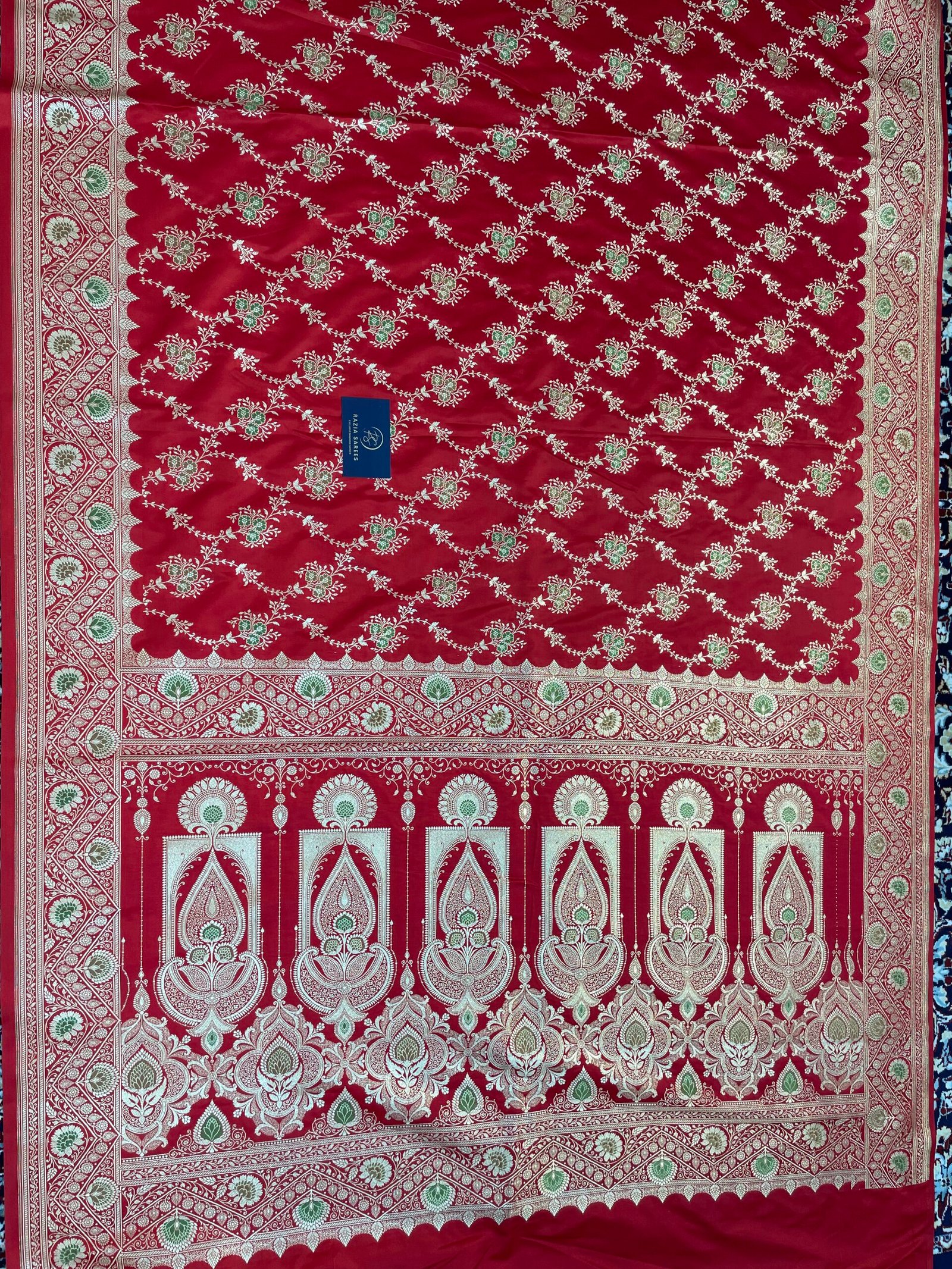 Red Meena Jaal Satin Katan Silk Saree - Image 4