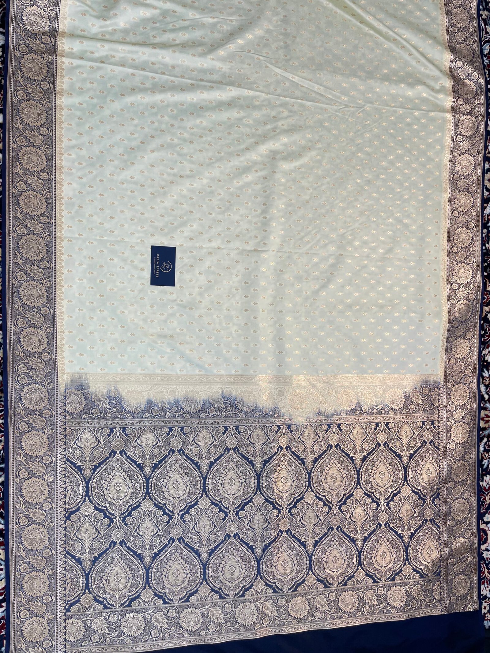 Cream and Navy Blue Contrast Booti Satin Katan Silk Saree - Image 4