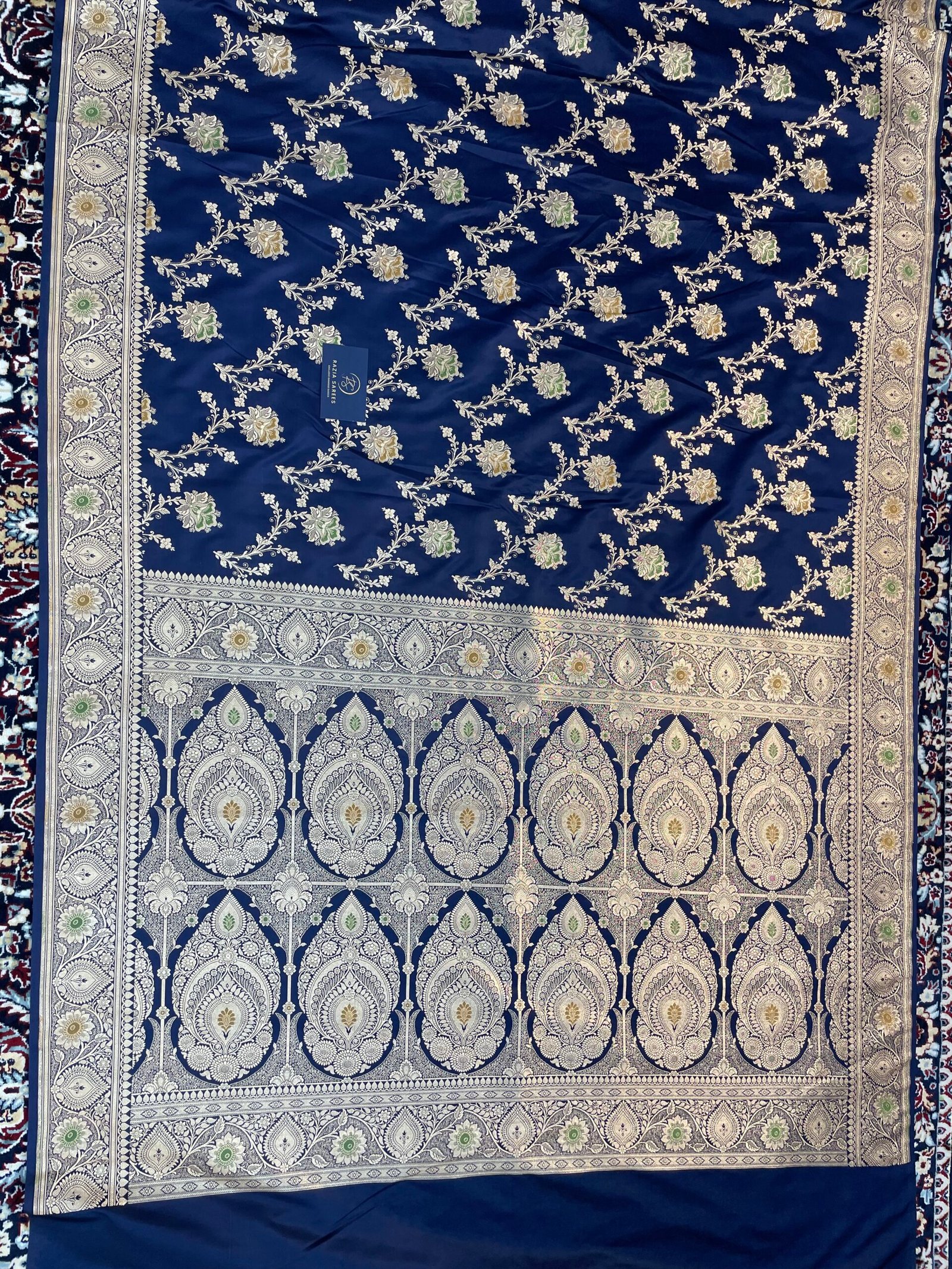 Navy Blue Meena Jaal Satin Katan Silk Saree - Image 4