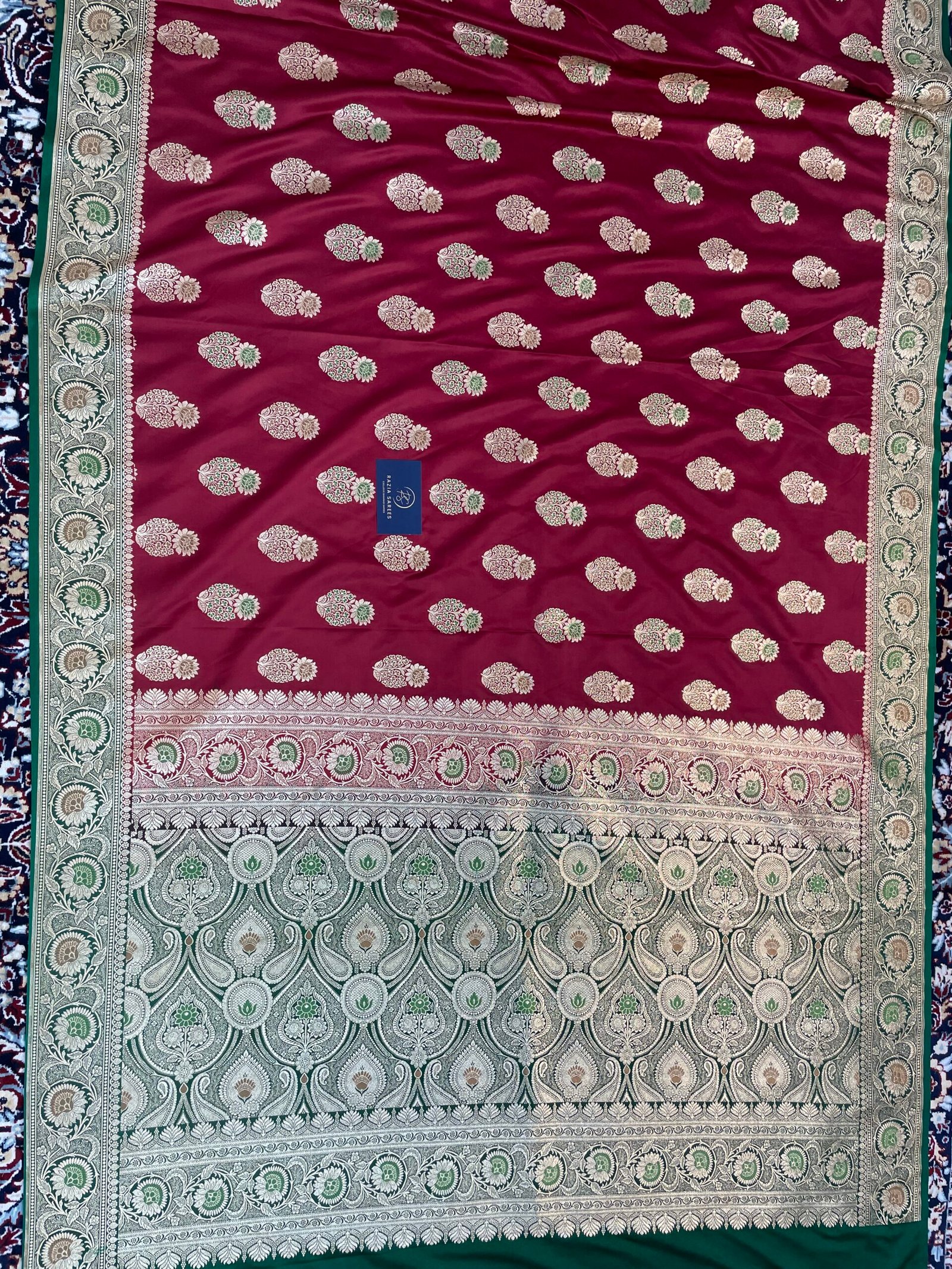 Red and Green Meena Contrast Boota Satin Katan Silk Saree - Image 4