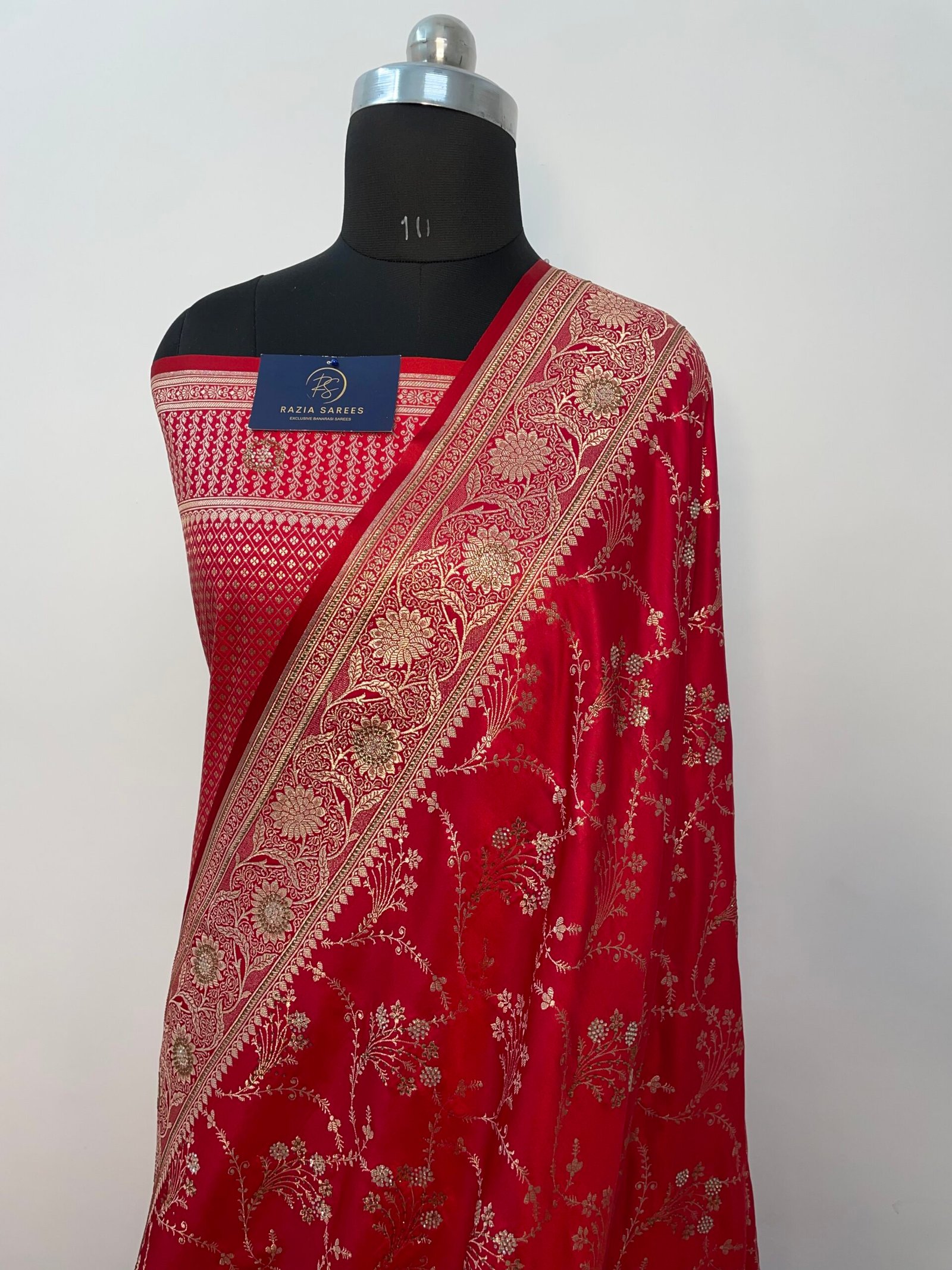 B. Red Zarkan Seroski Jaal Satin Katan Silk Saree - Image 2