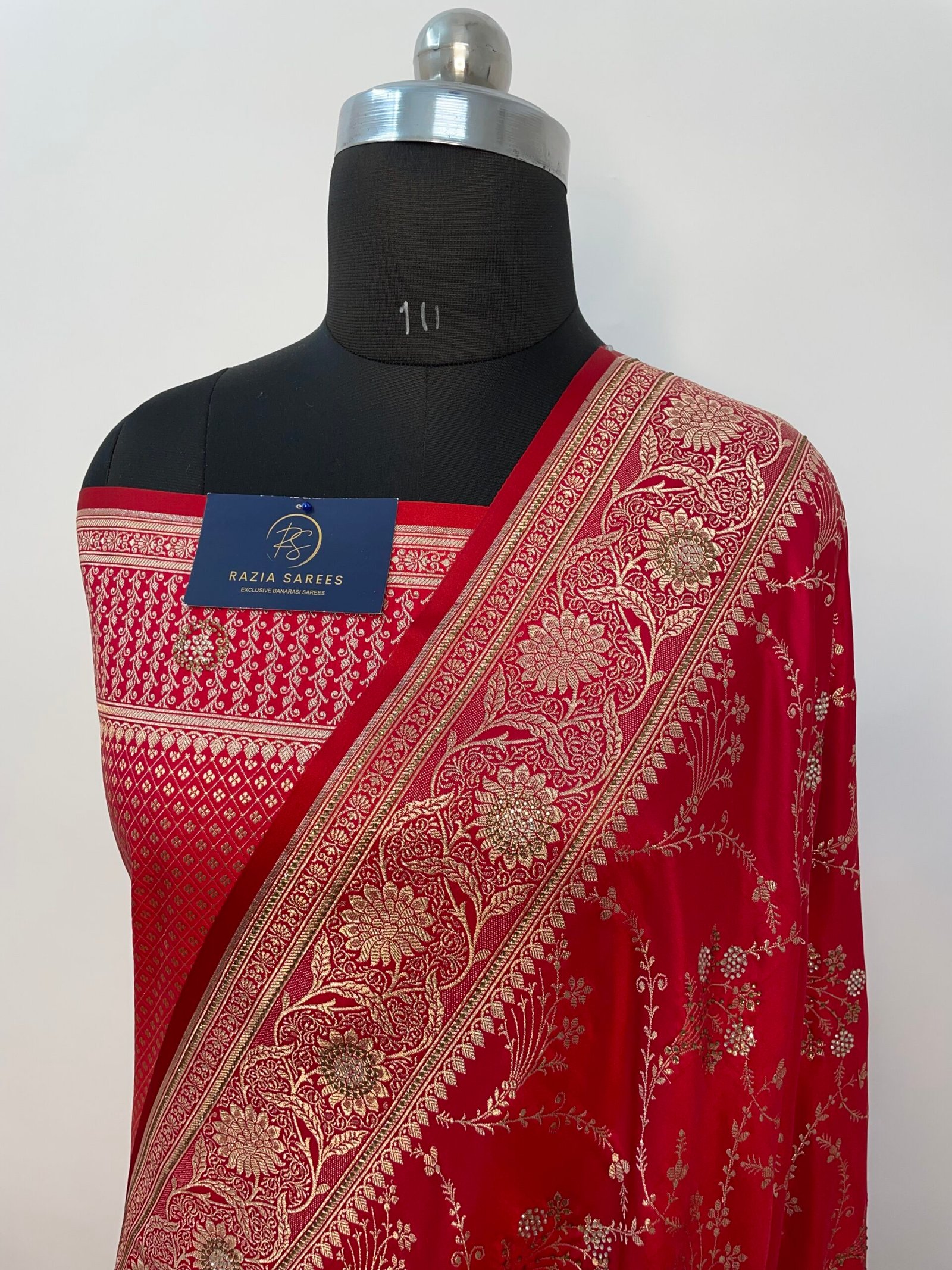 B. Red Zarkan Seroski Jaal Satin Katan Silk Saree