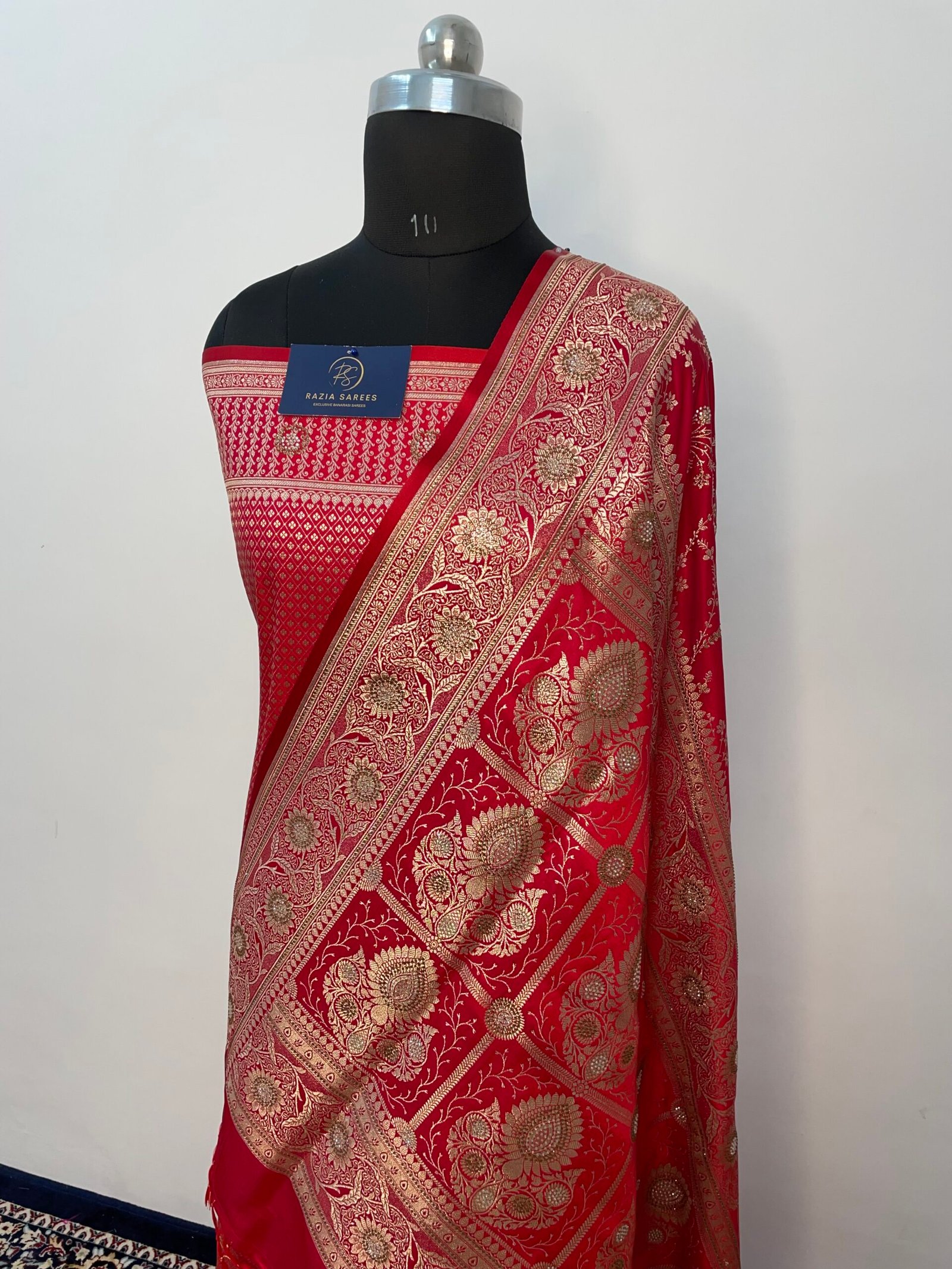 B. Red Zarkan Seroski Jaal Satin Katan Silk Saree - Image 3