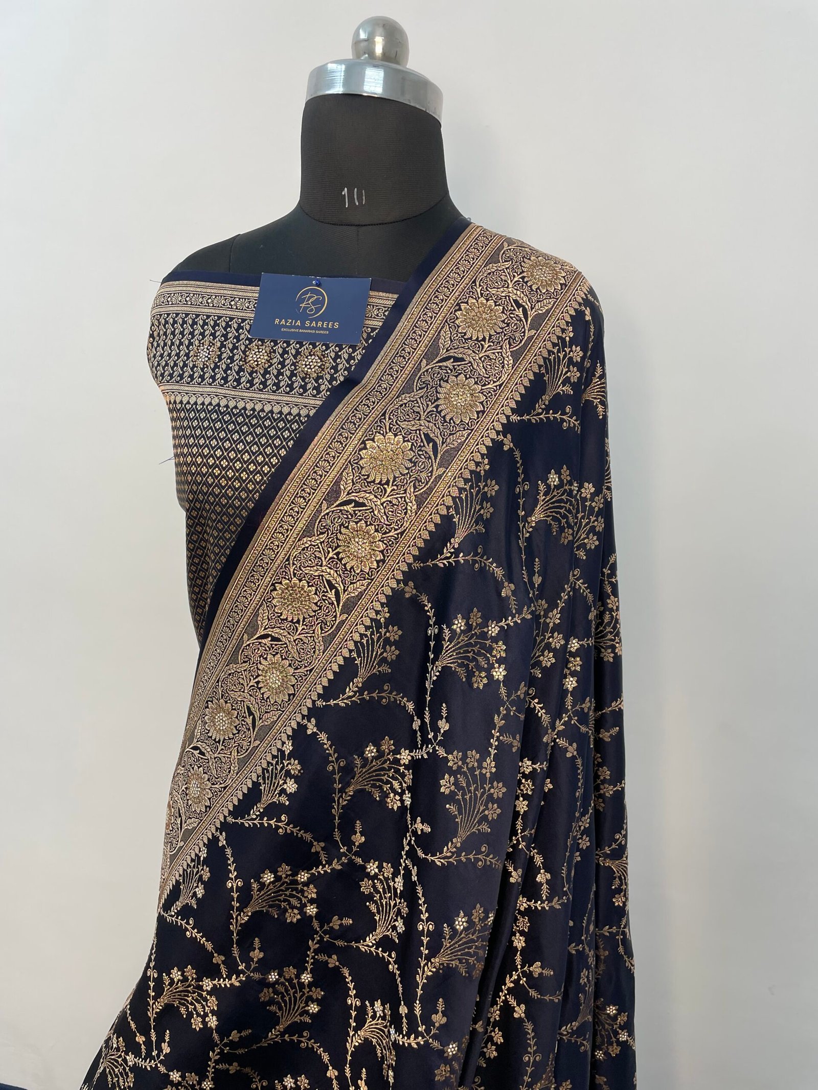 A. Navy Blue Zarkan Seroski Jaal Satin Katan Silk Saree - Image 2