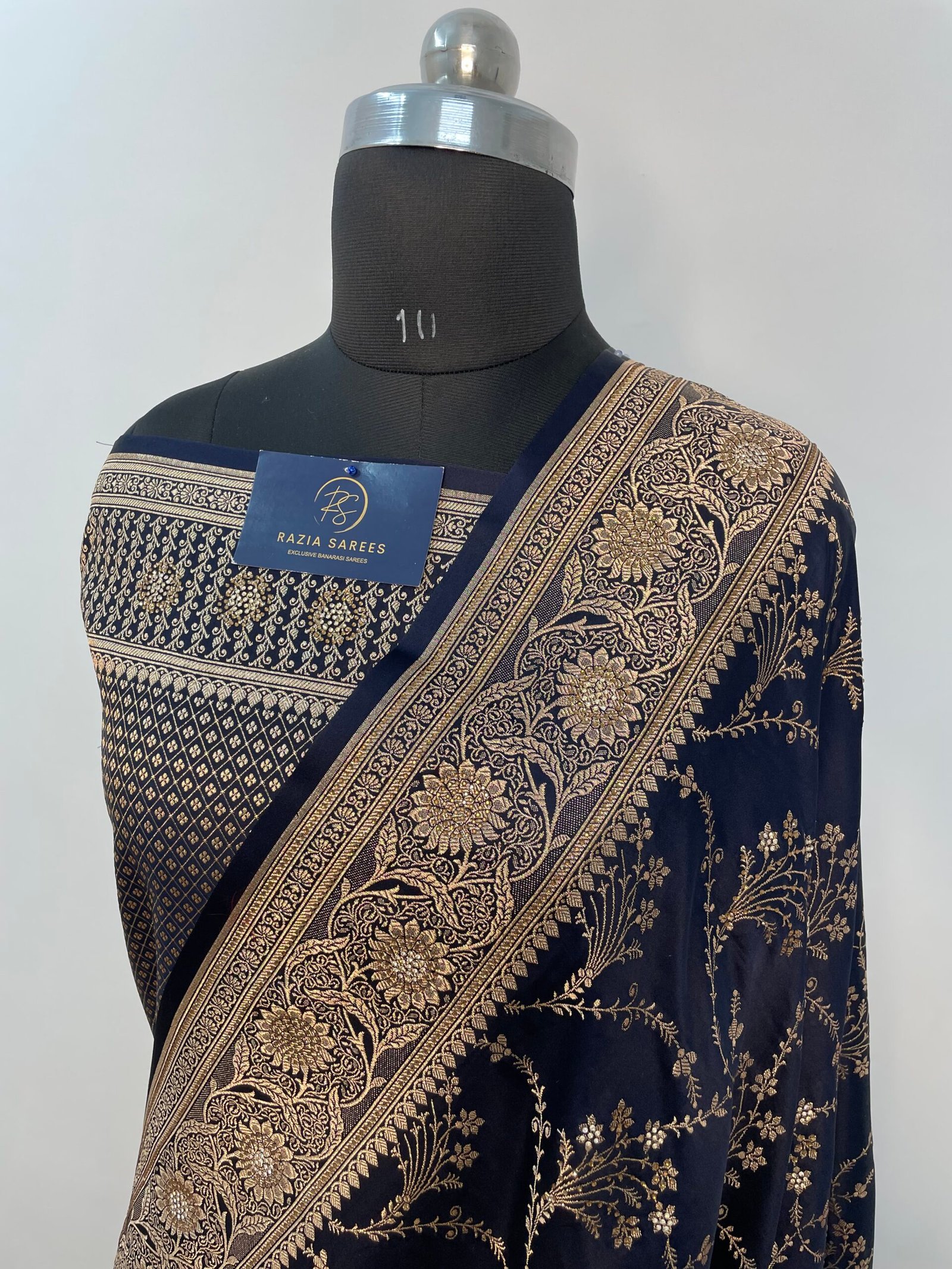 A. Navy Blue Zarkan Seroski Jaal Satin Katan Silk Saree