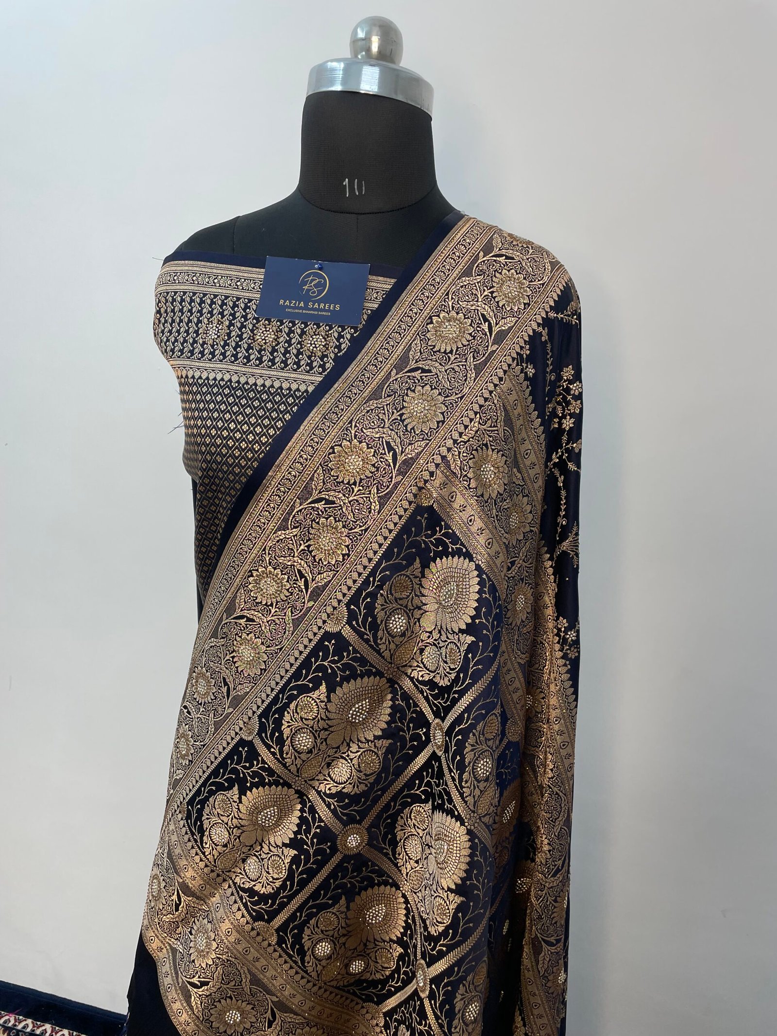 A. Navy Blue Zarkan Seroski Jaal Satin Katan Silk Saree - Image 3