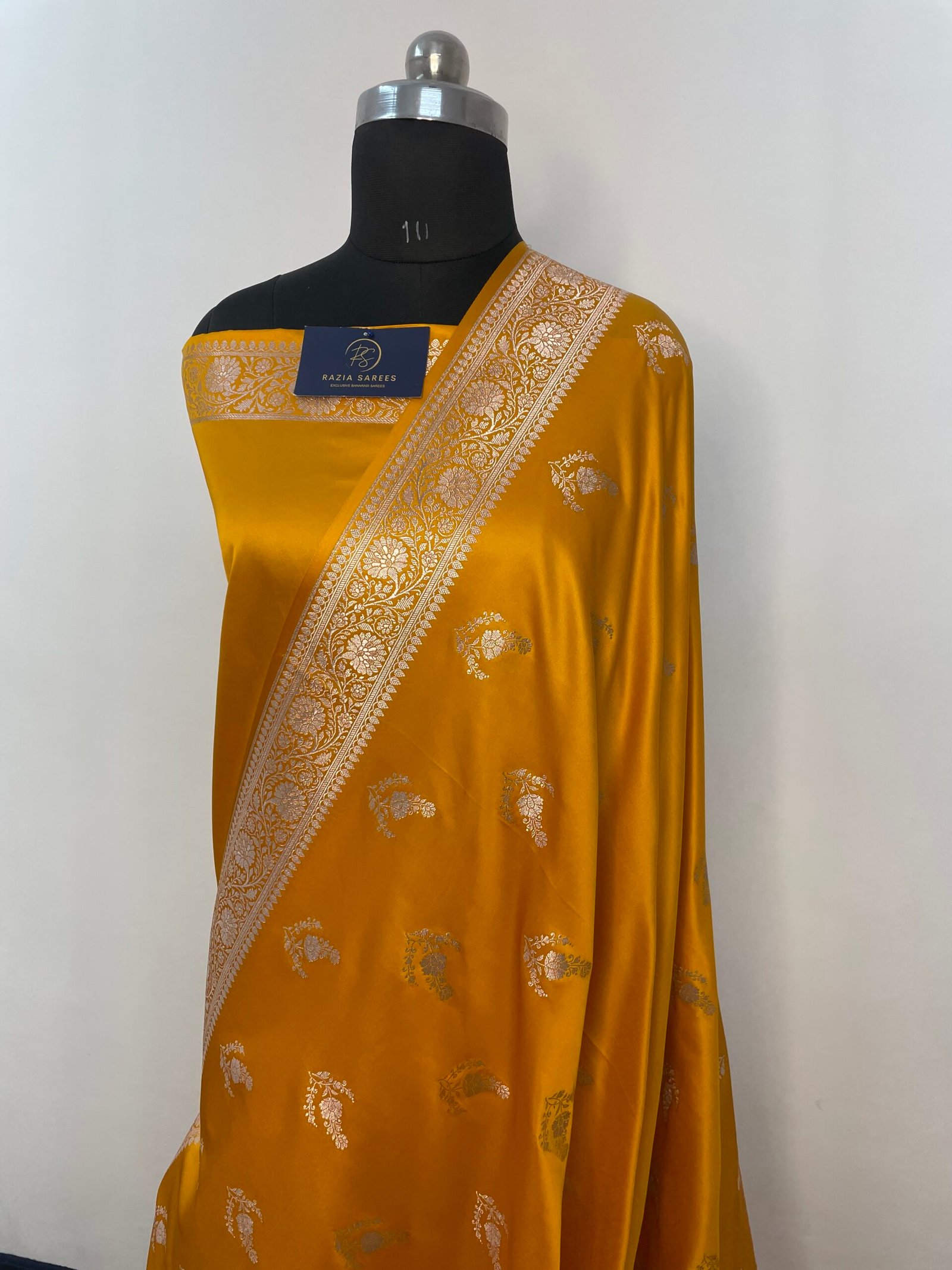 Ivory Yellow Boota Mashru Katan Silk Saree - Image 2