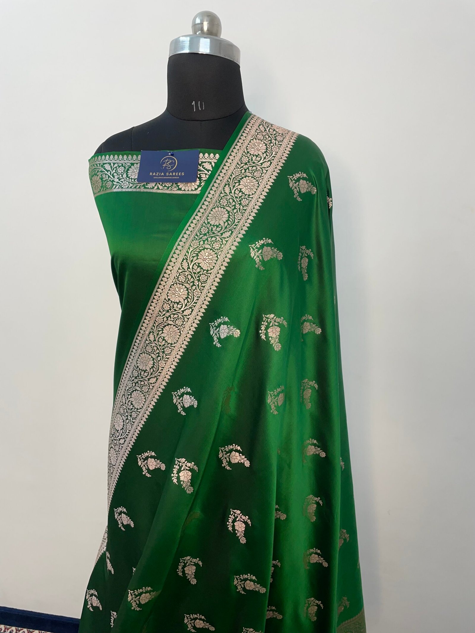 A5. Bottle Green Boota Mashru Katan Silk Saree - Image 2