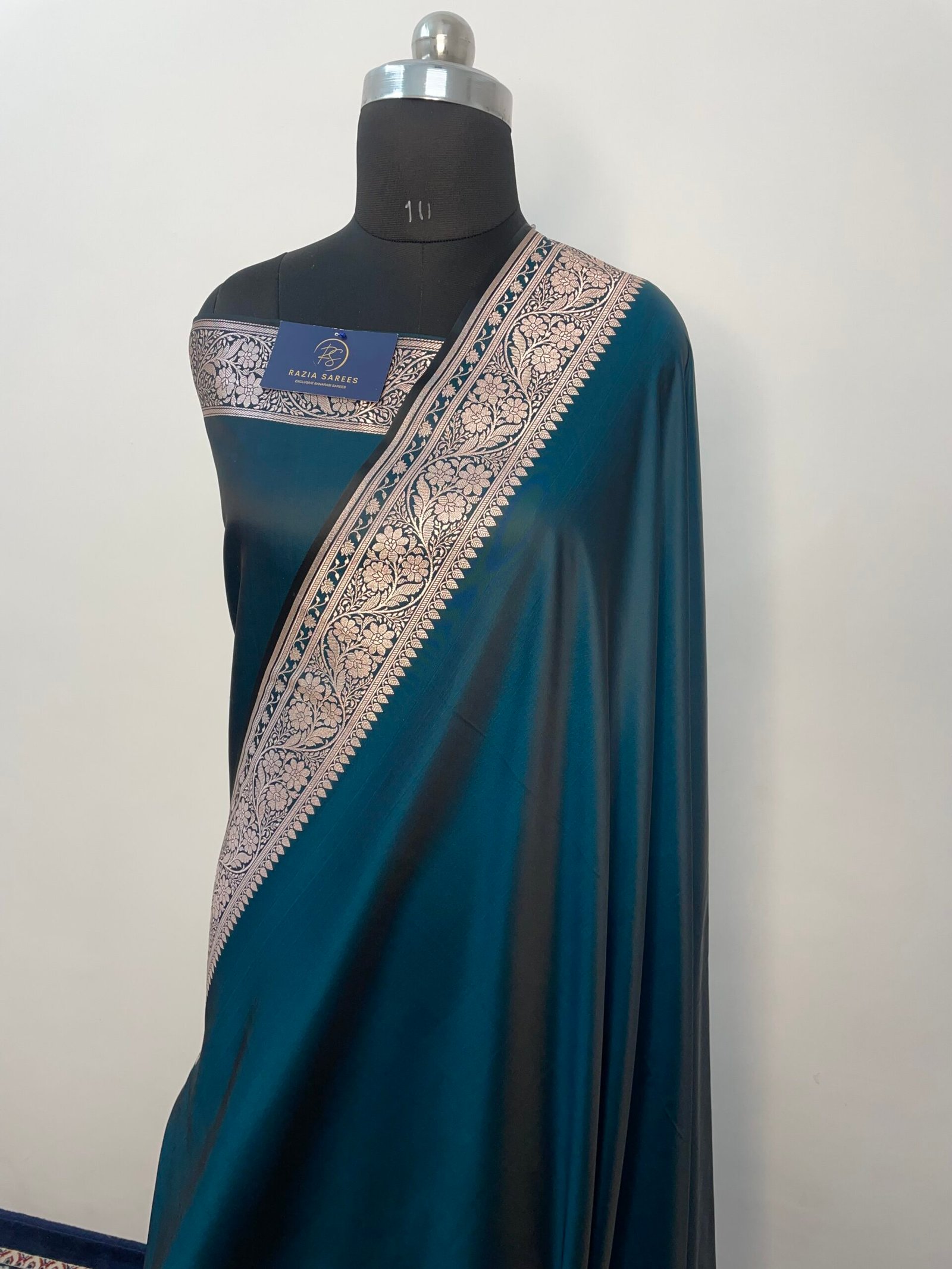 German Blue Plain Mashru Katan Silk Saree - Image 2