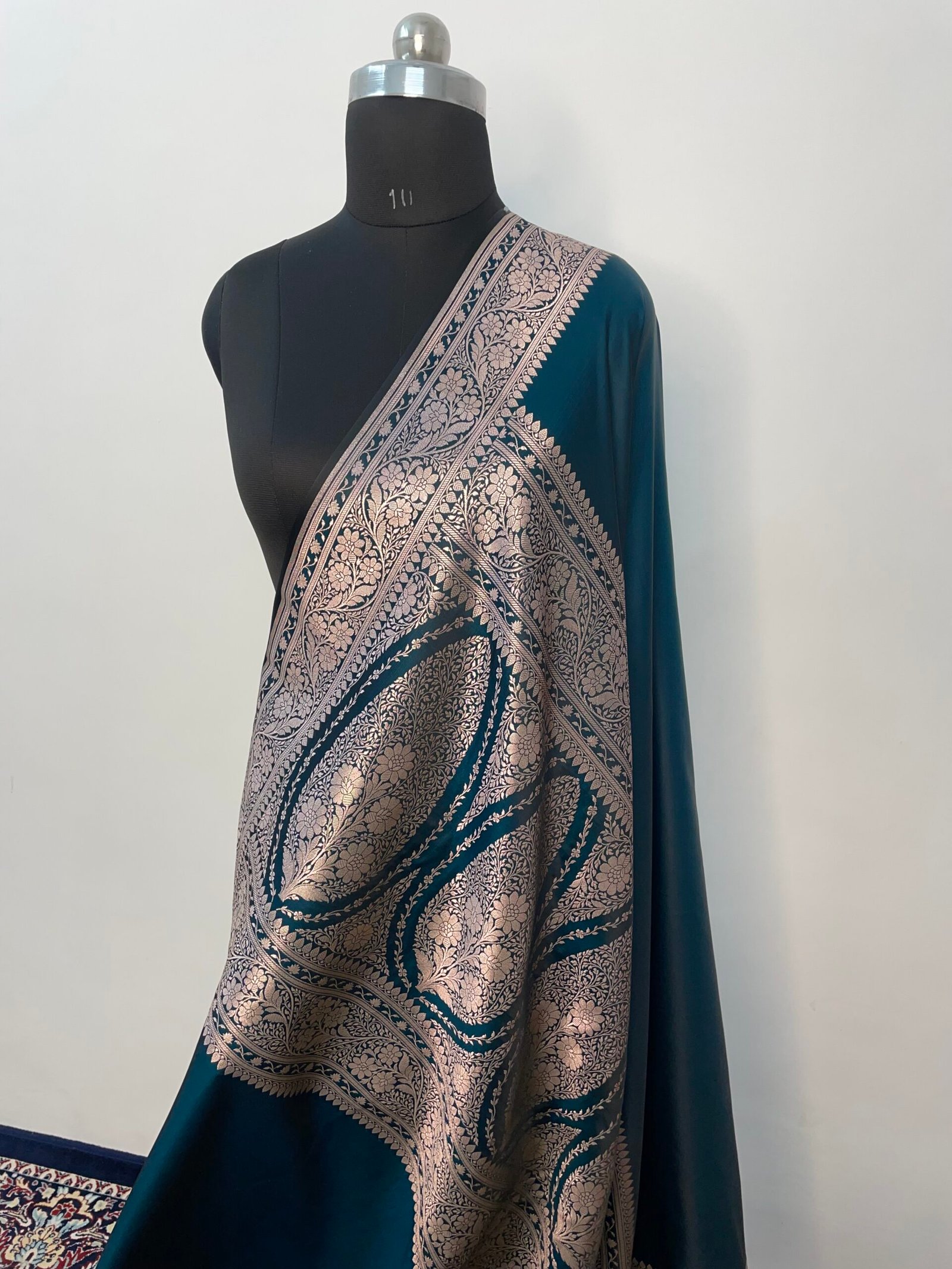 German Blue Plain Mashru Katan Silk Saree - Image 3