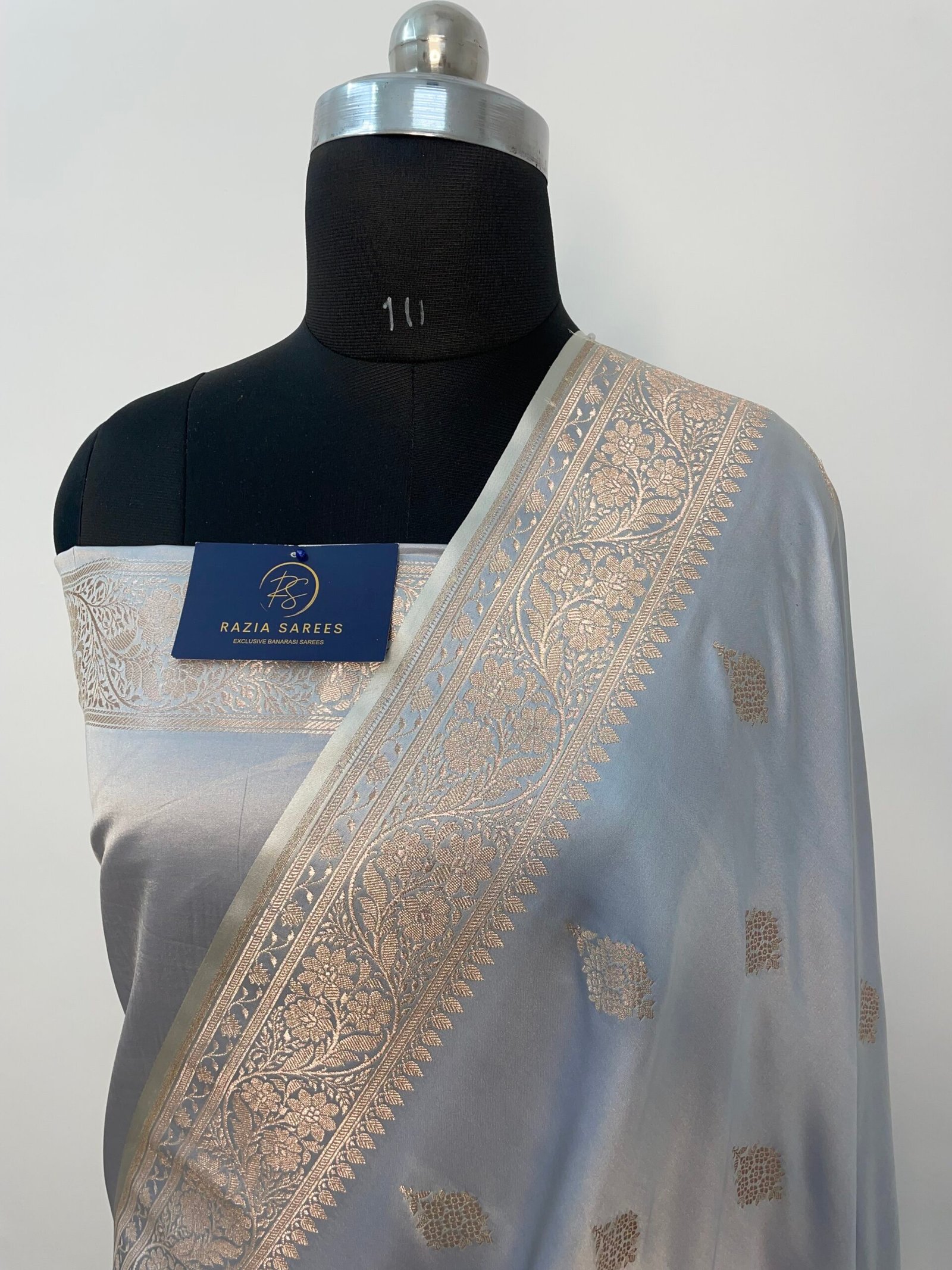 Ivory Grey Booti Mashru Katan Silk Saree