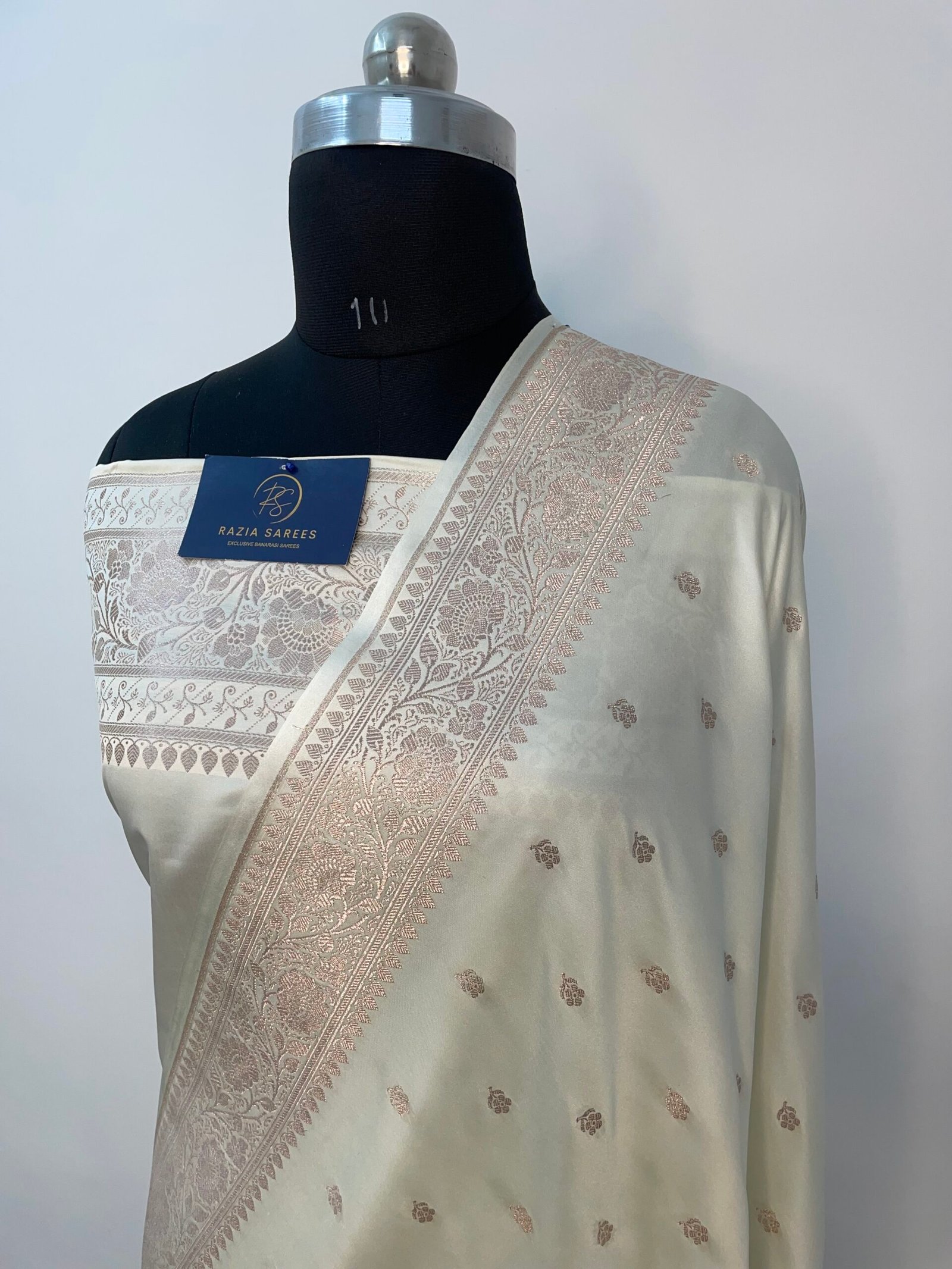 Ivory White Booti Mashru Katan Silk Saree