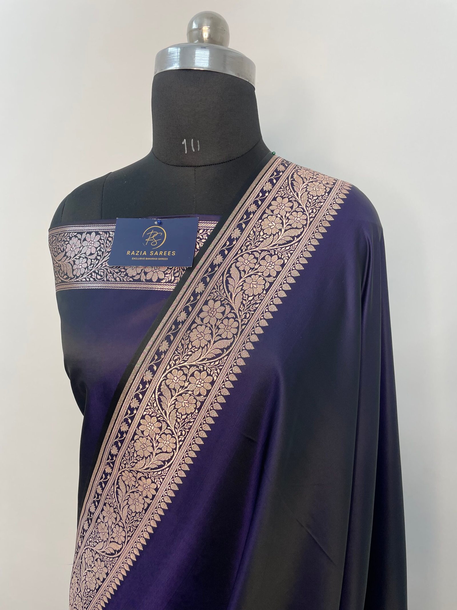 Navy Blue Plain Mashru Katan Silk Saree