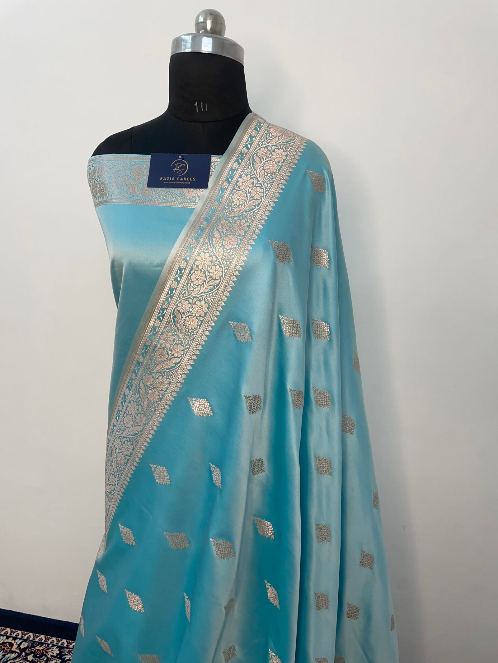 A. Ivory Firozi Booti Mashru Katan Silk Saree - Image 2