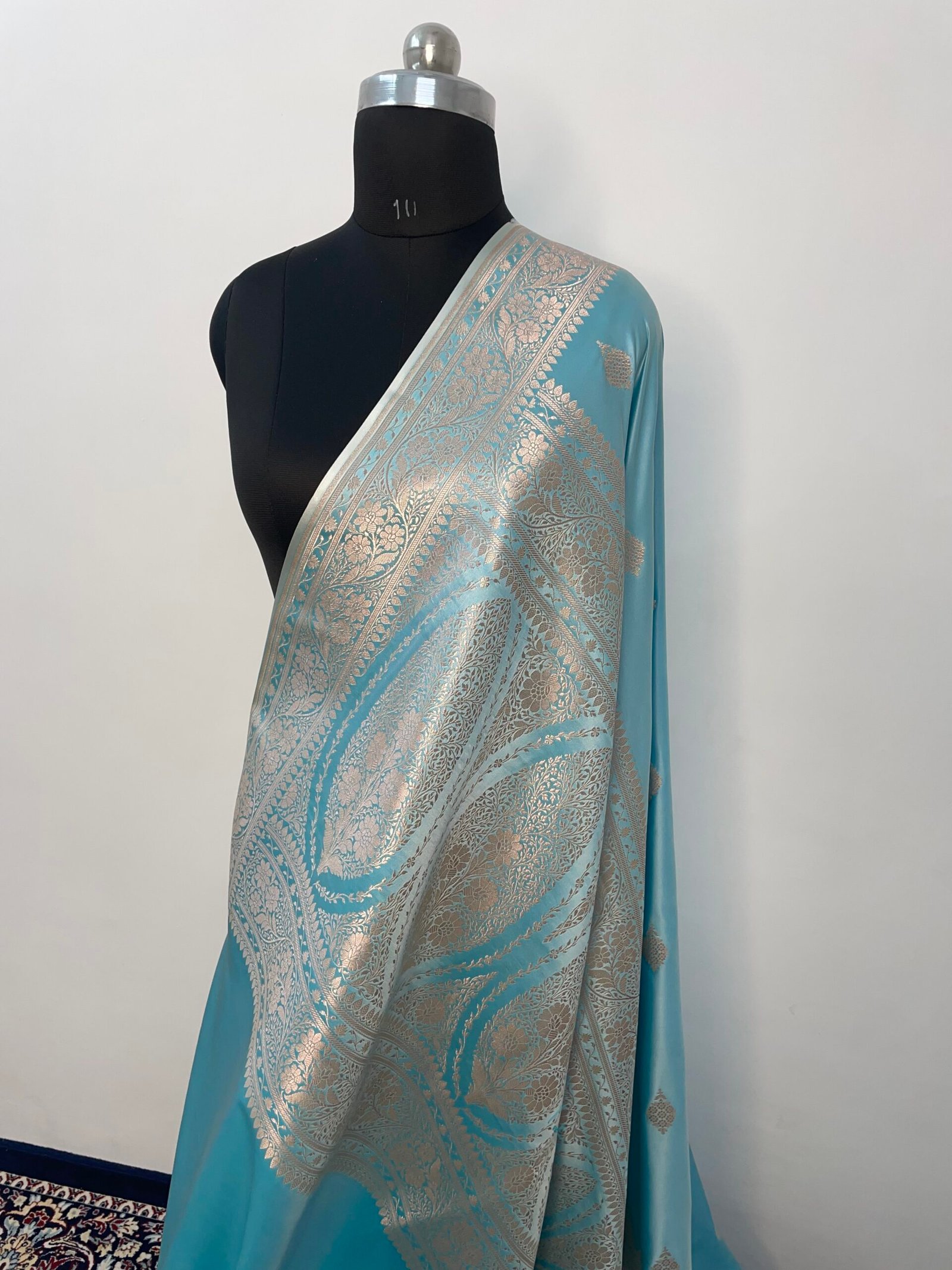 A. Ivory Firozi Booti Mashru Katan Silk Saree - Image 3