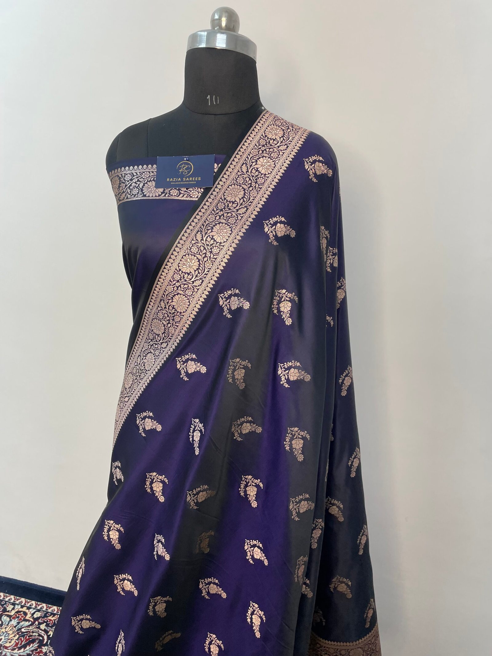Navy Blue Boota Mashru Katan Silk Saree - Image 2