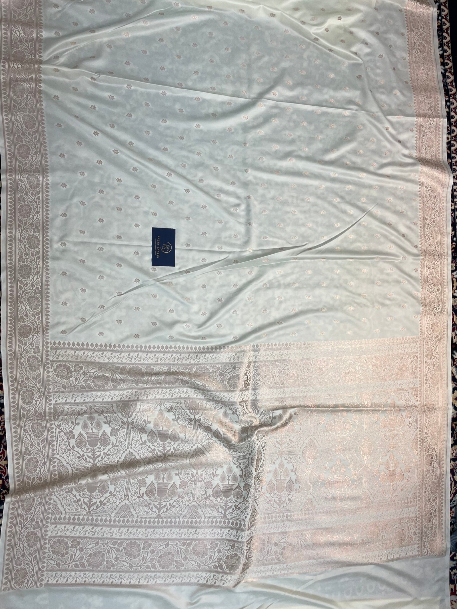 Ivory White Booti Mashru Katan Silk Saree - Image 4