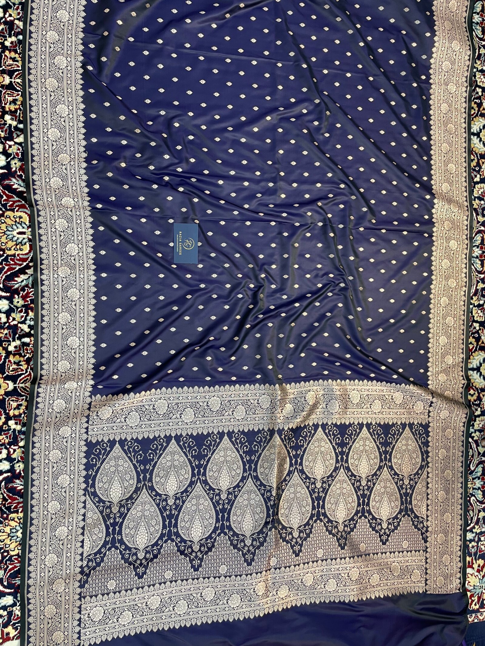 Navy Blue Booti Mashru Katan Silk Saree - Image 4