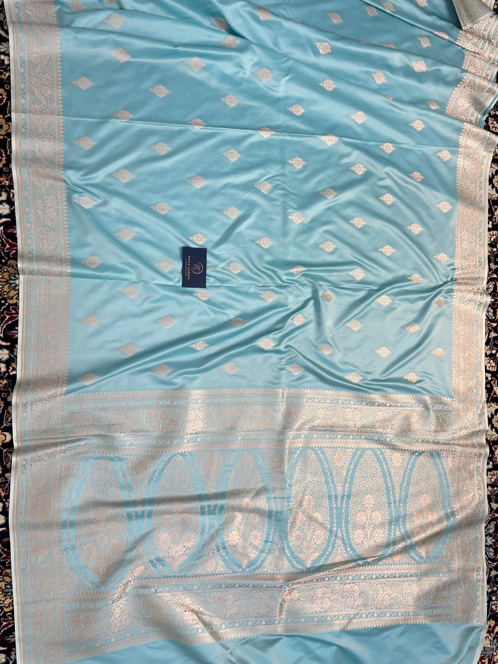 A. Ivory Firozi Booti Mashru Katan Silk Saree - Image 4