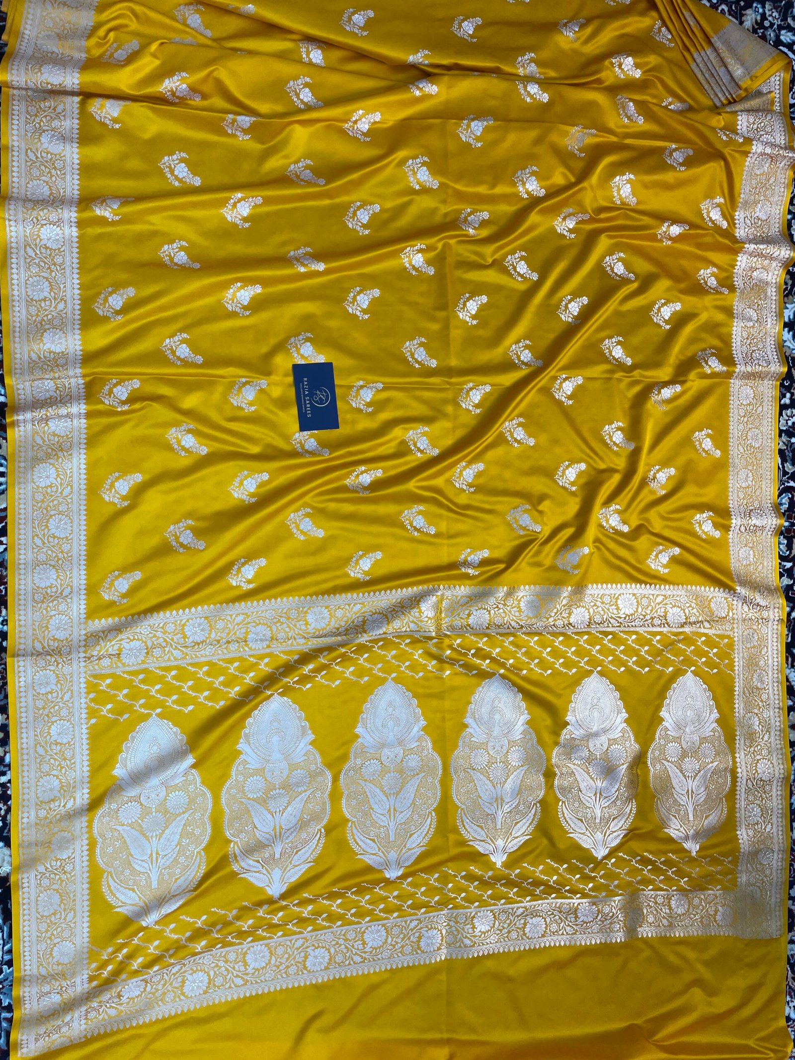 Ivory Yellow Boota Mashru Katan Silk Saree - Image 4