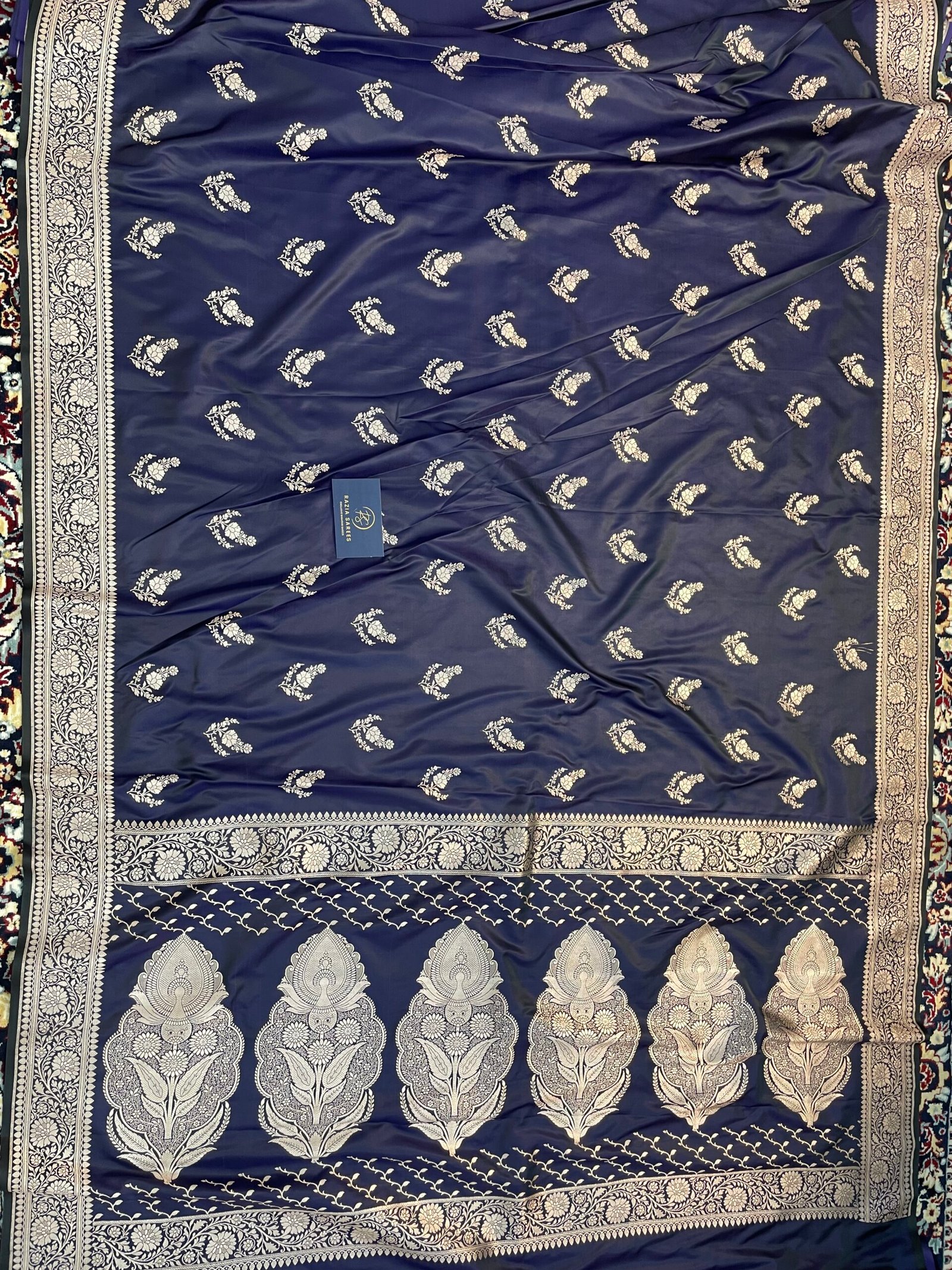 Navy Blue Boota Mashru Katan Silk Saree - Image 4